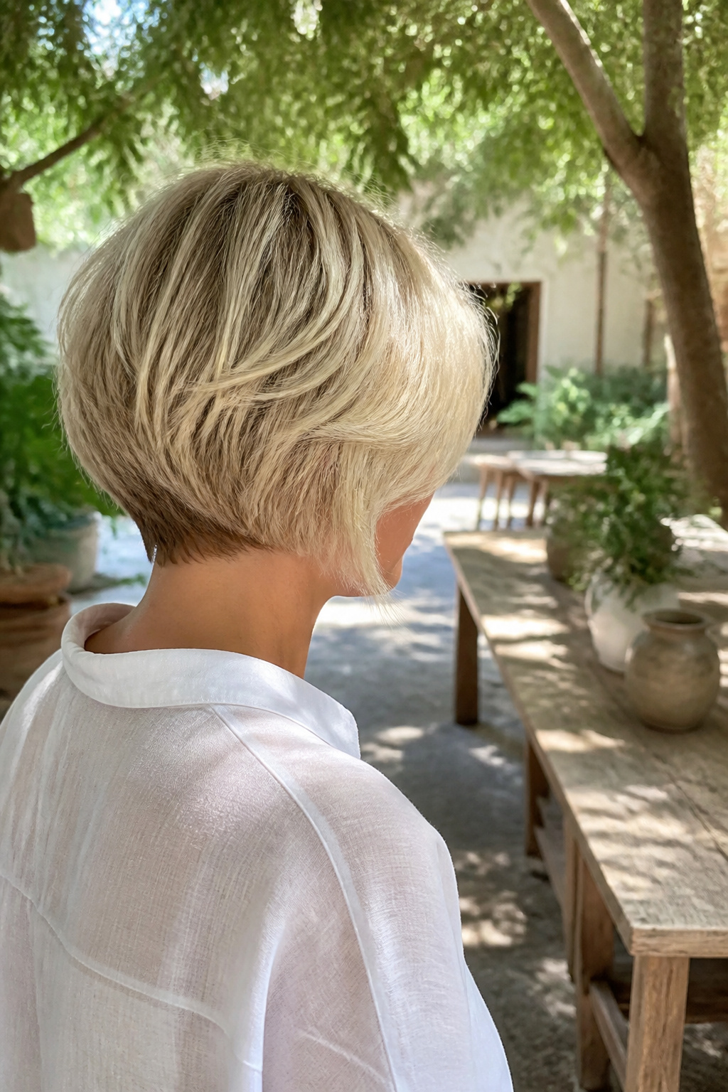 Blonde pixie bob with airy layers.