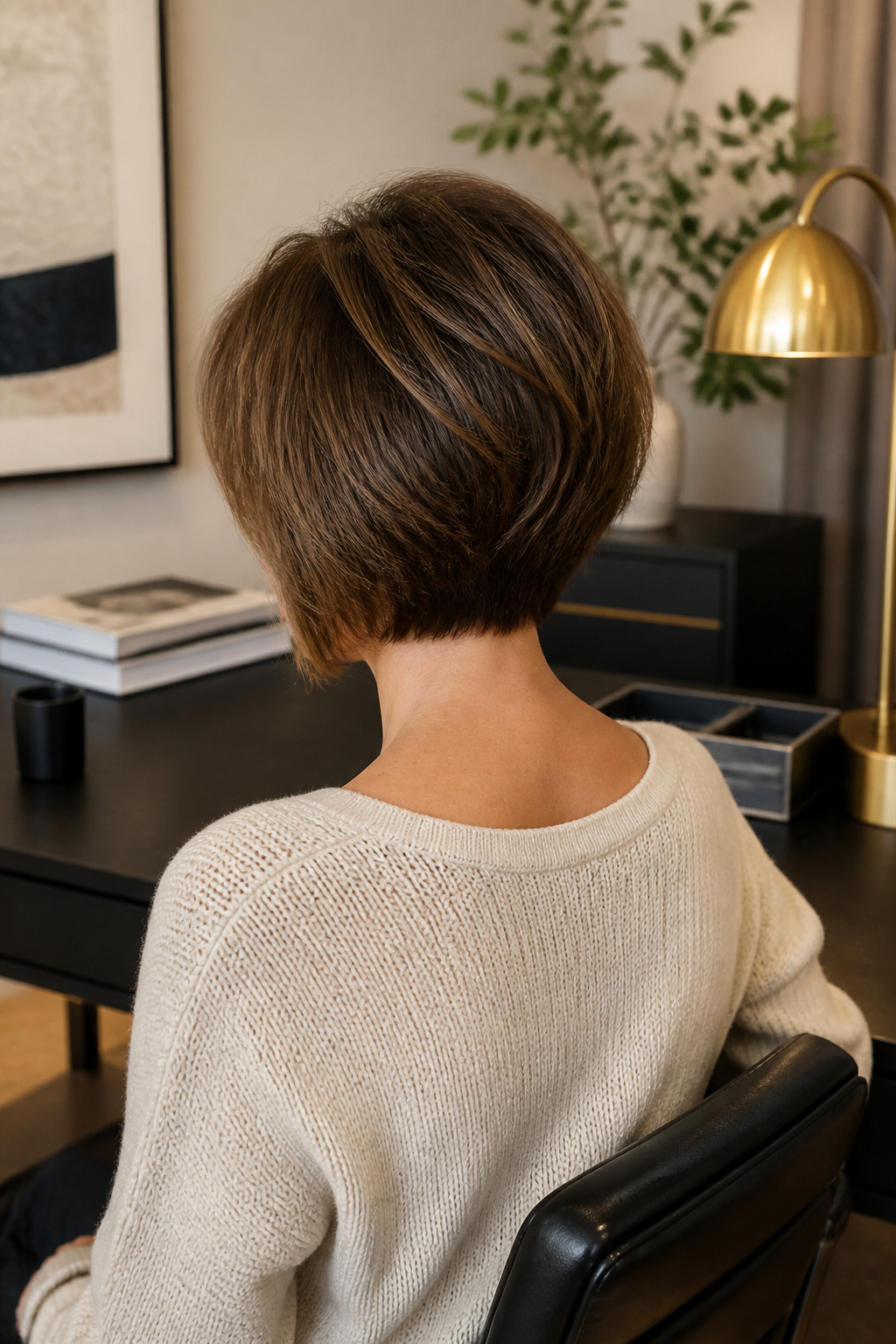 Short stacked bob with angled layers.
