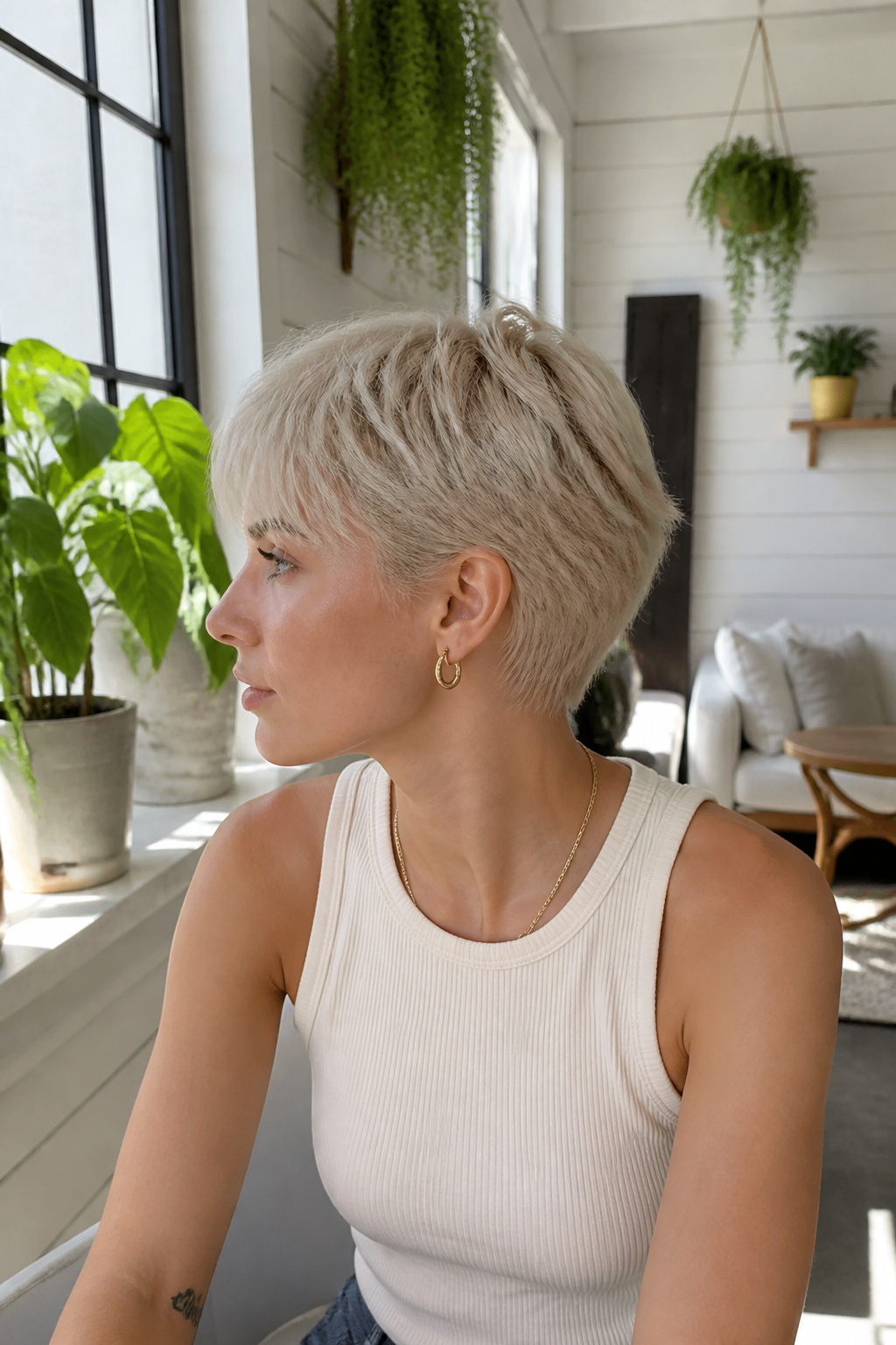 Bixie haircut with short bangs in platinum shade.