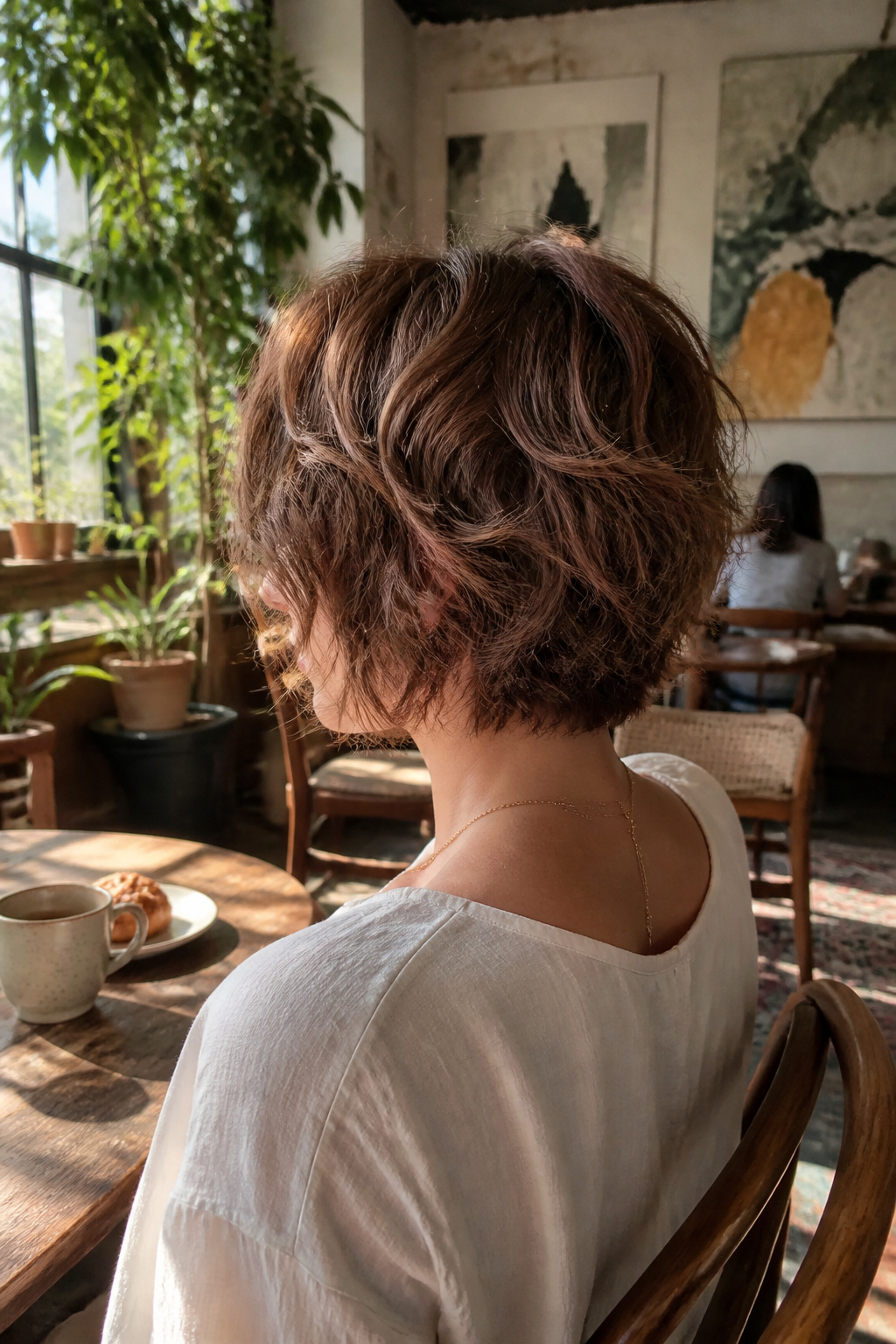 Wavy pixie bob with a tousled appearance.