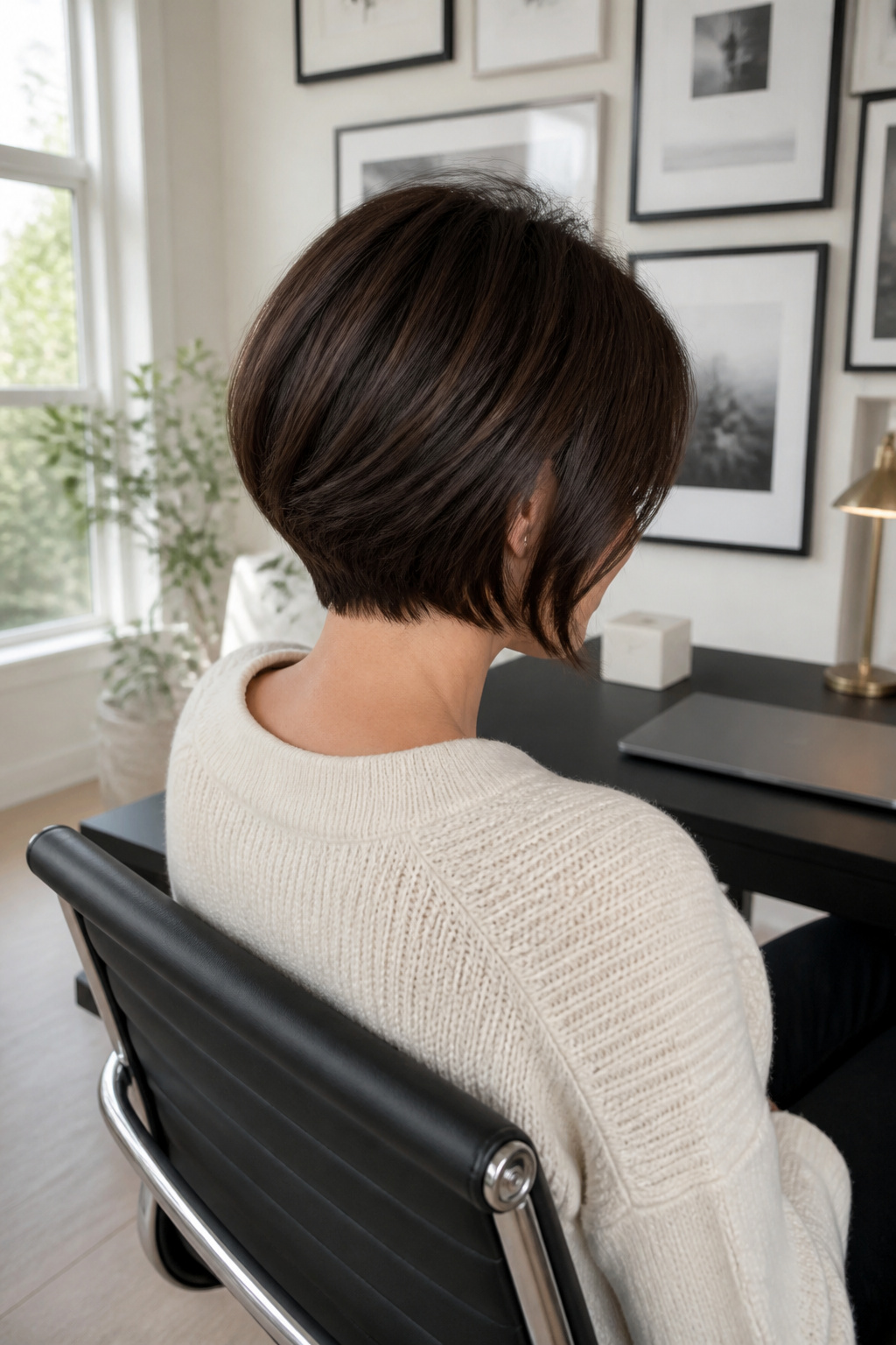 Pixie bob with face-framing layers in dark chocolate color.