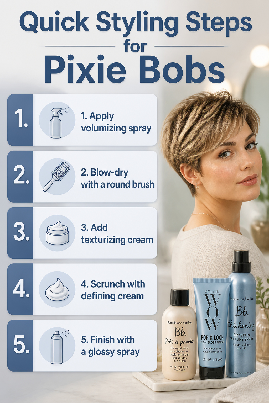 Quick styling tips for maintaining a pixie bob haircut.