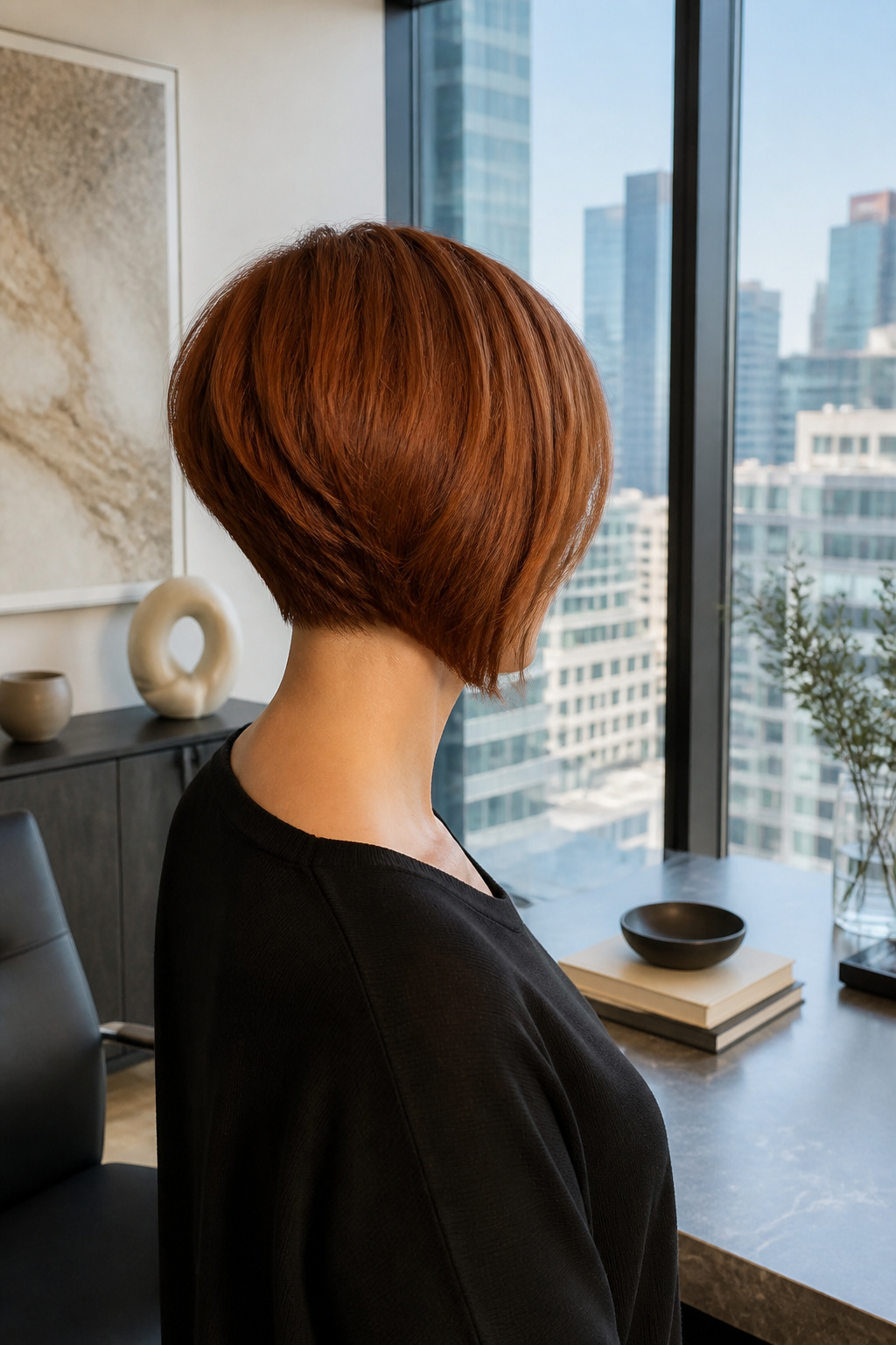 Inverted pixie bob with auburn color and layered lengths.
