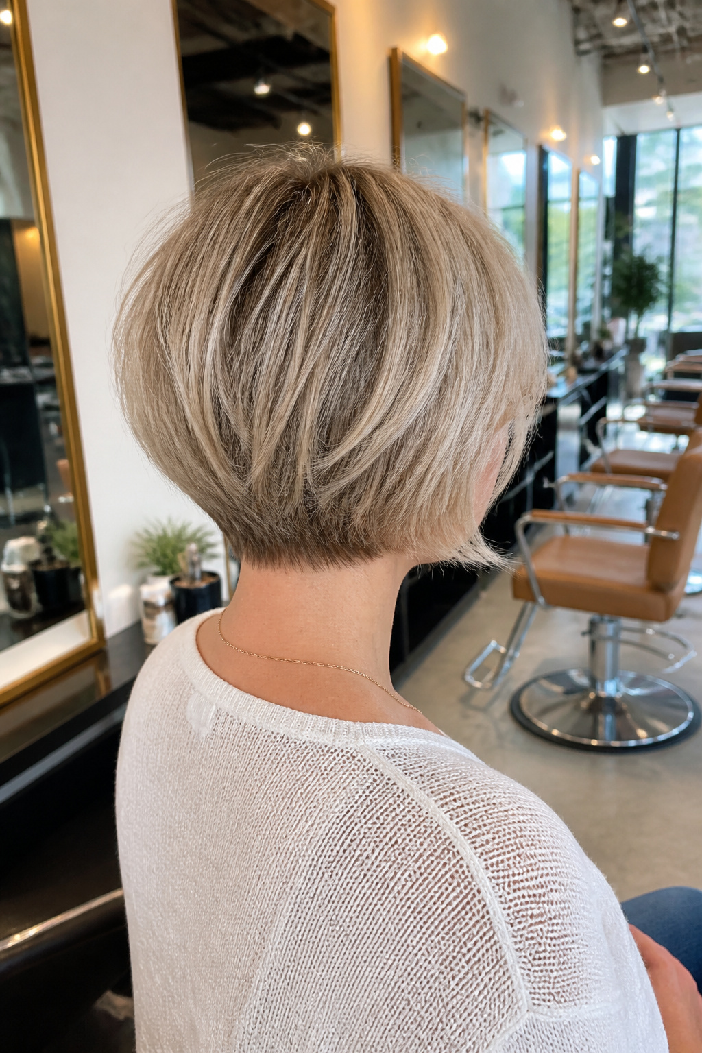 Chin-length pixie bob with soft ends in a blonde shade.