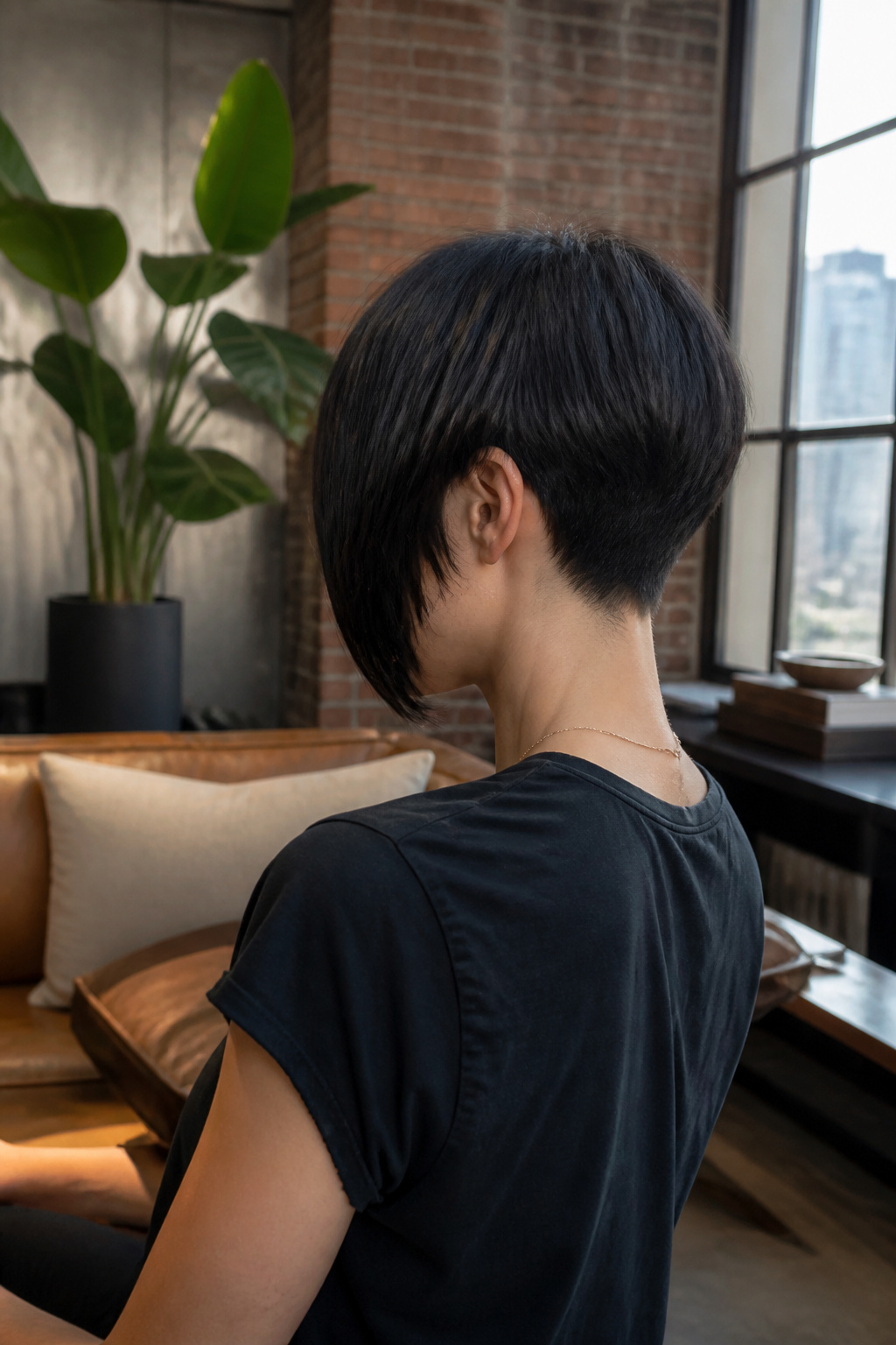 Asymmetrical pixie bob with one side longer than the other.