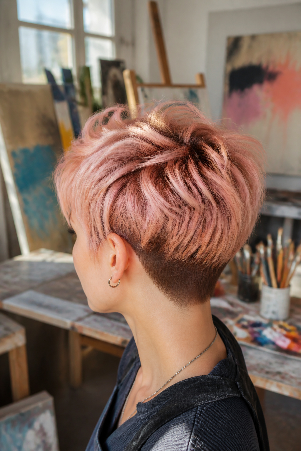 Choppy pixie bob in rose gold color with textured layers.
