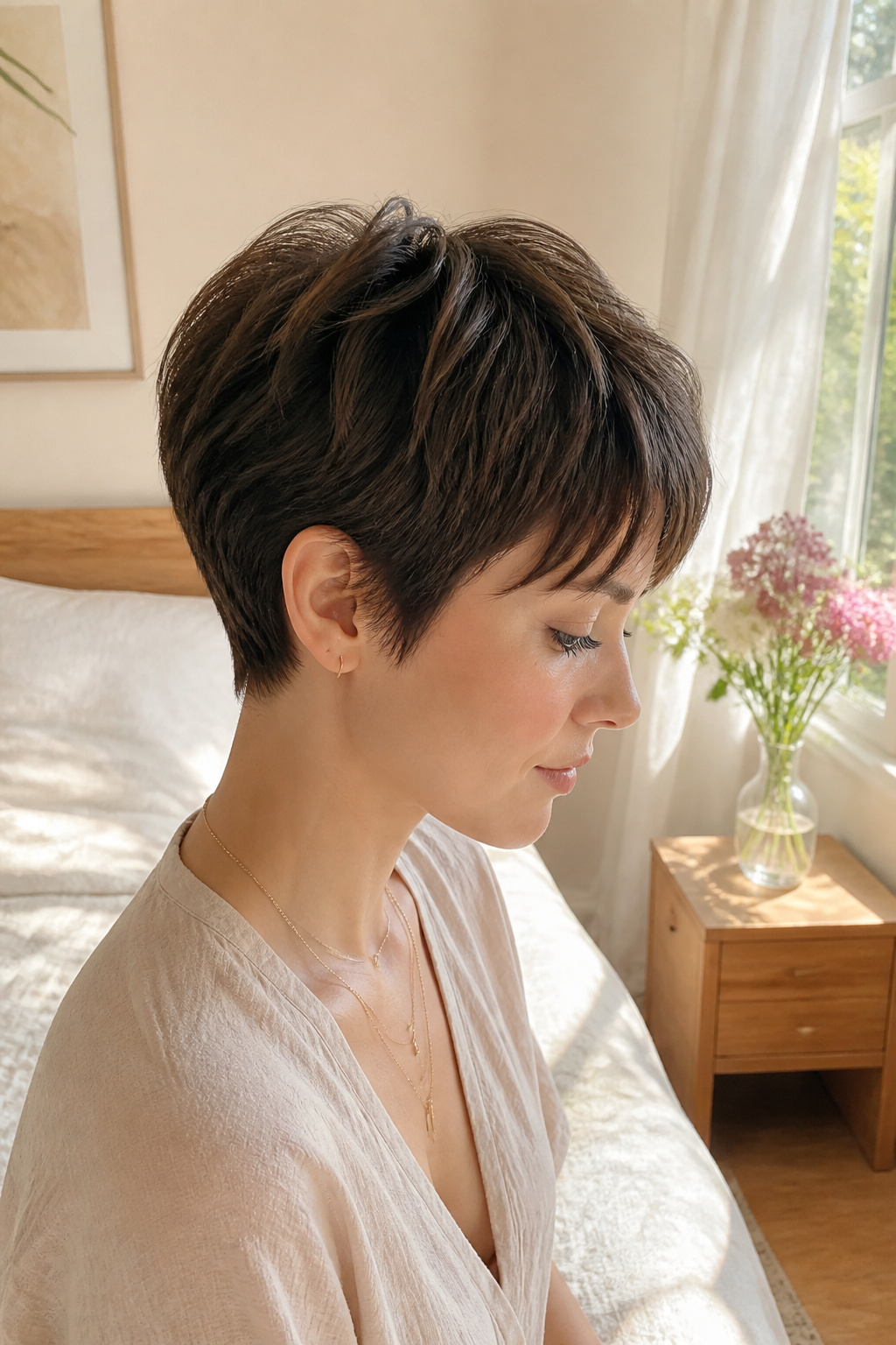 Model featuring a short pixie cut with wispy bangs.