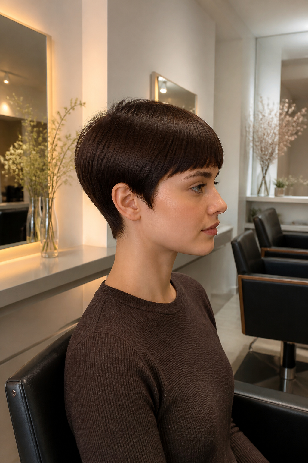 Model showing a sleek pixie cut with blunt bangs.