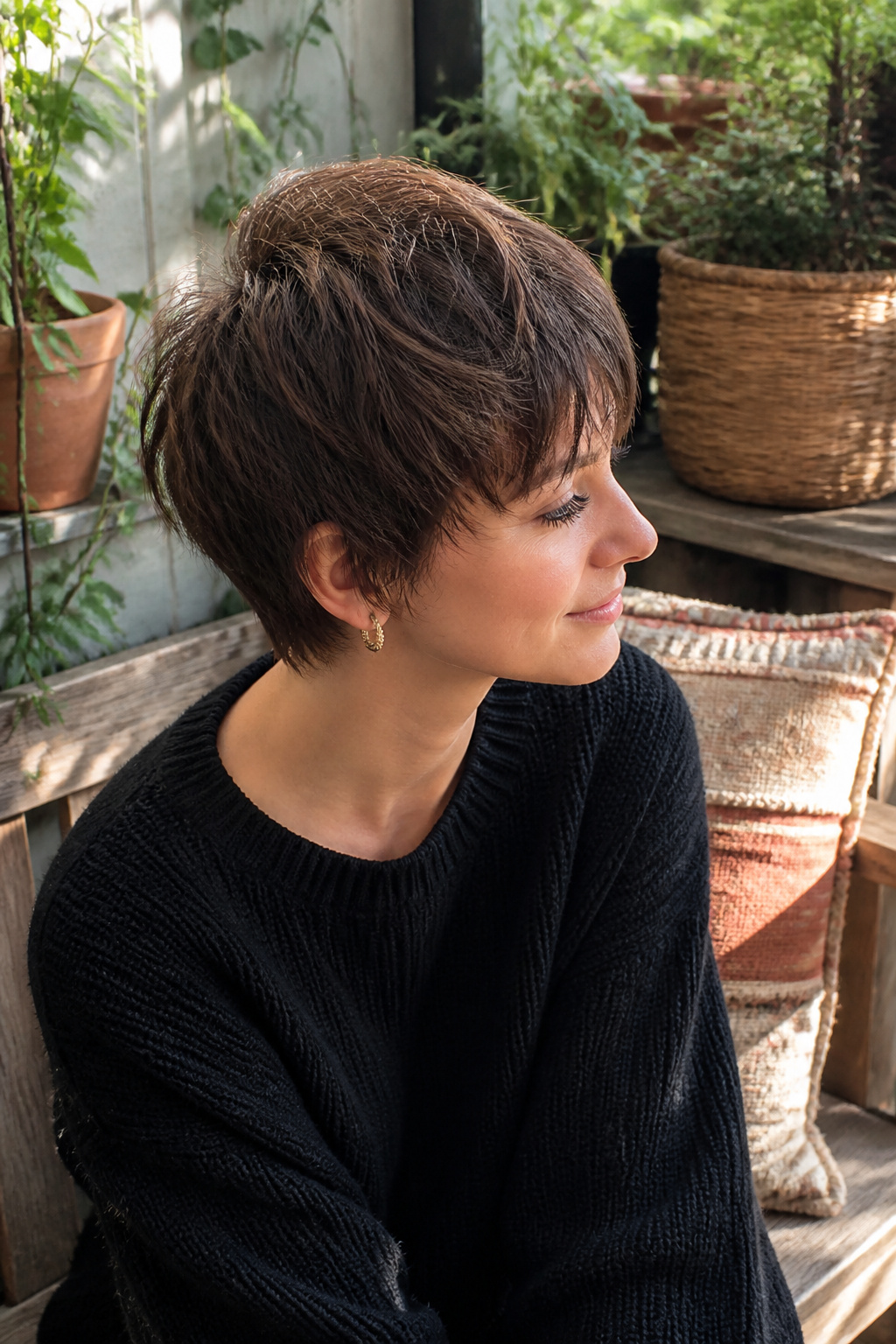 Model displaying a textured pixie cut with tousled bangs.