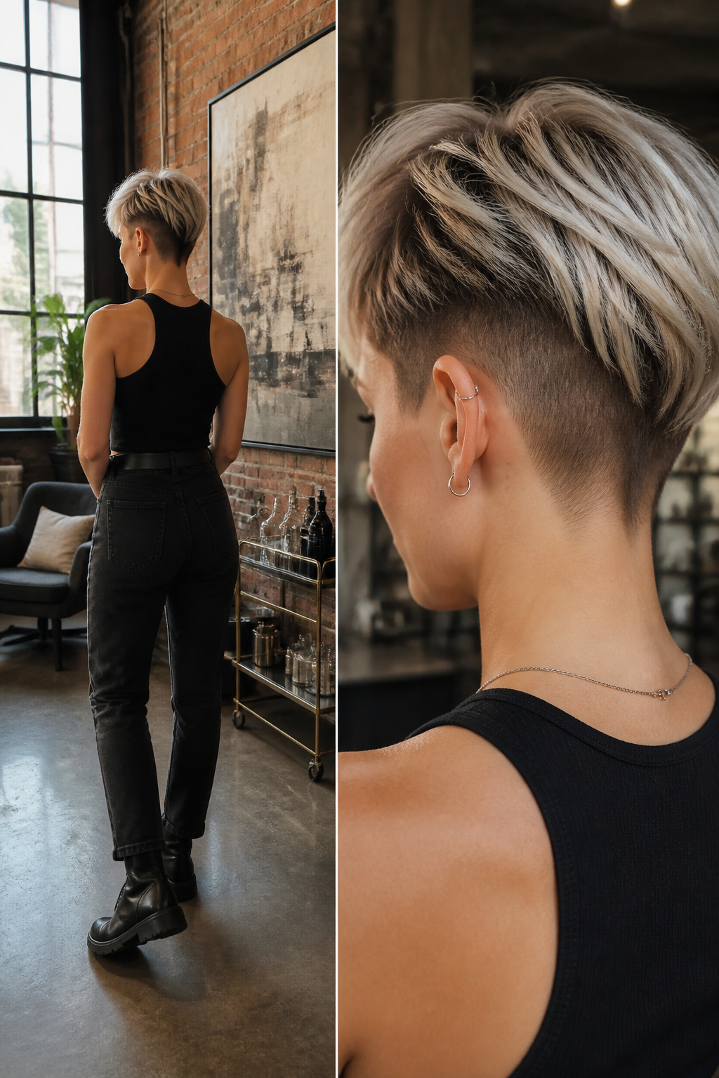 Model featuring an undercut pixie cut with sweeping bangs.