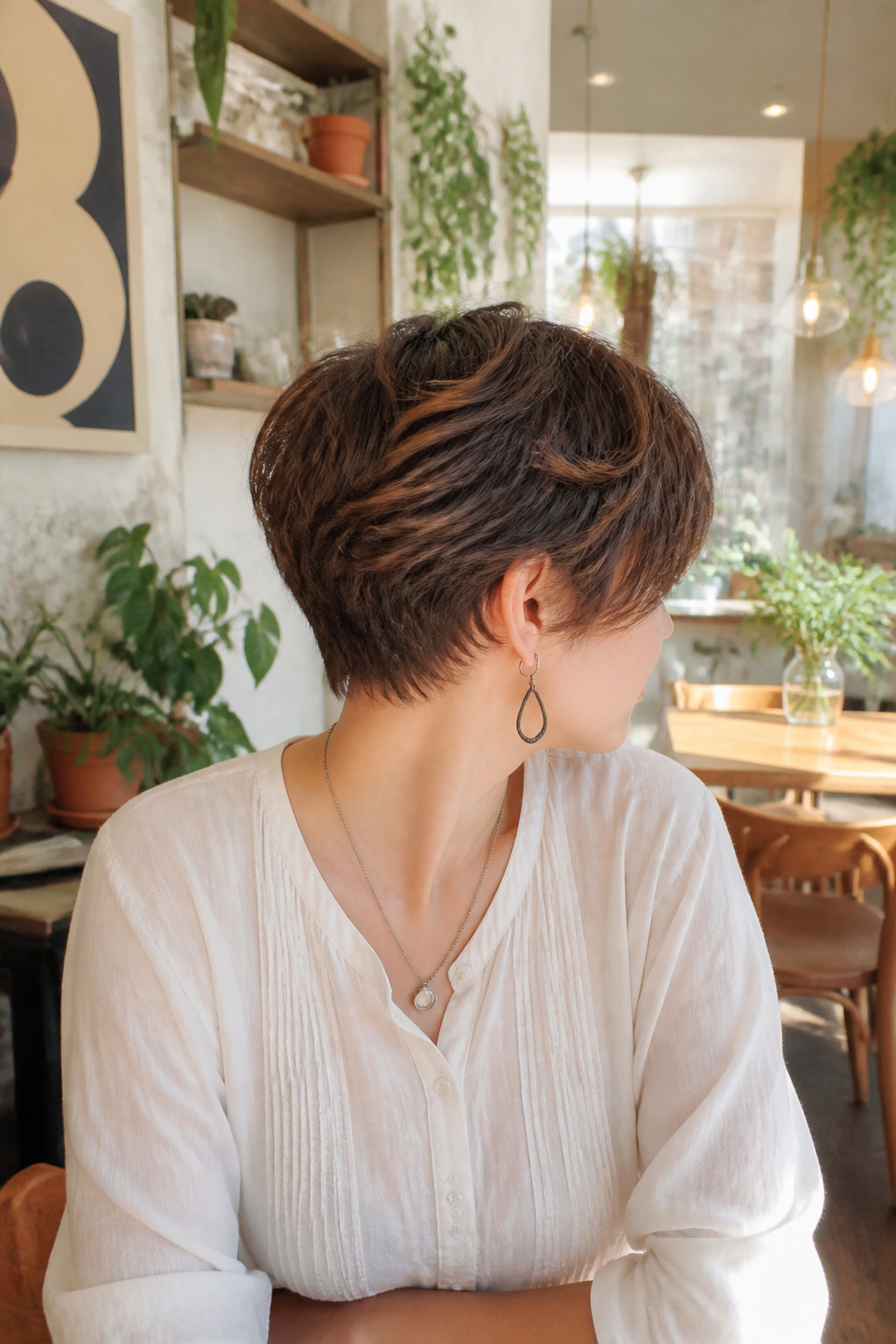Model displaying a wavy pixie cut with side bangs.