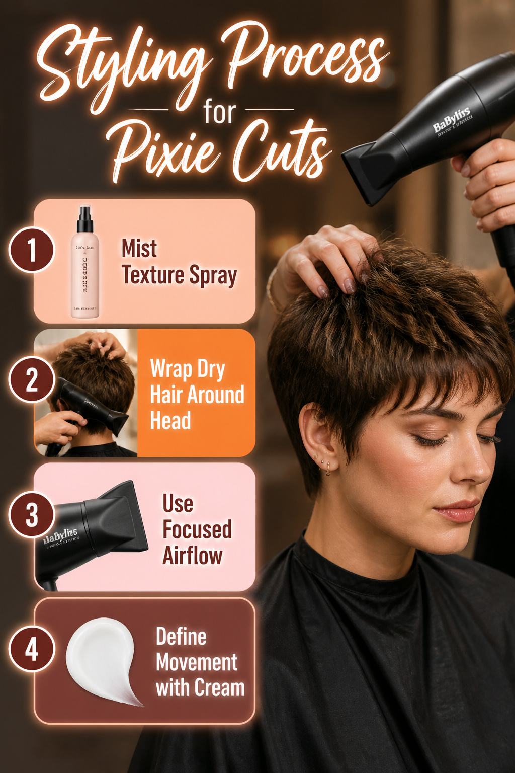 Information image about the styling process for pixie cuts.