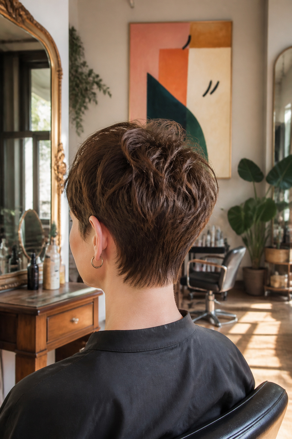 Model displaying a choppy pixie cut with uneven, piecey bangs.