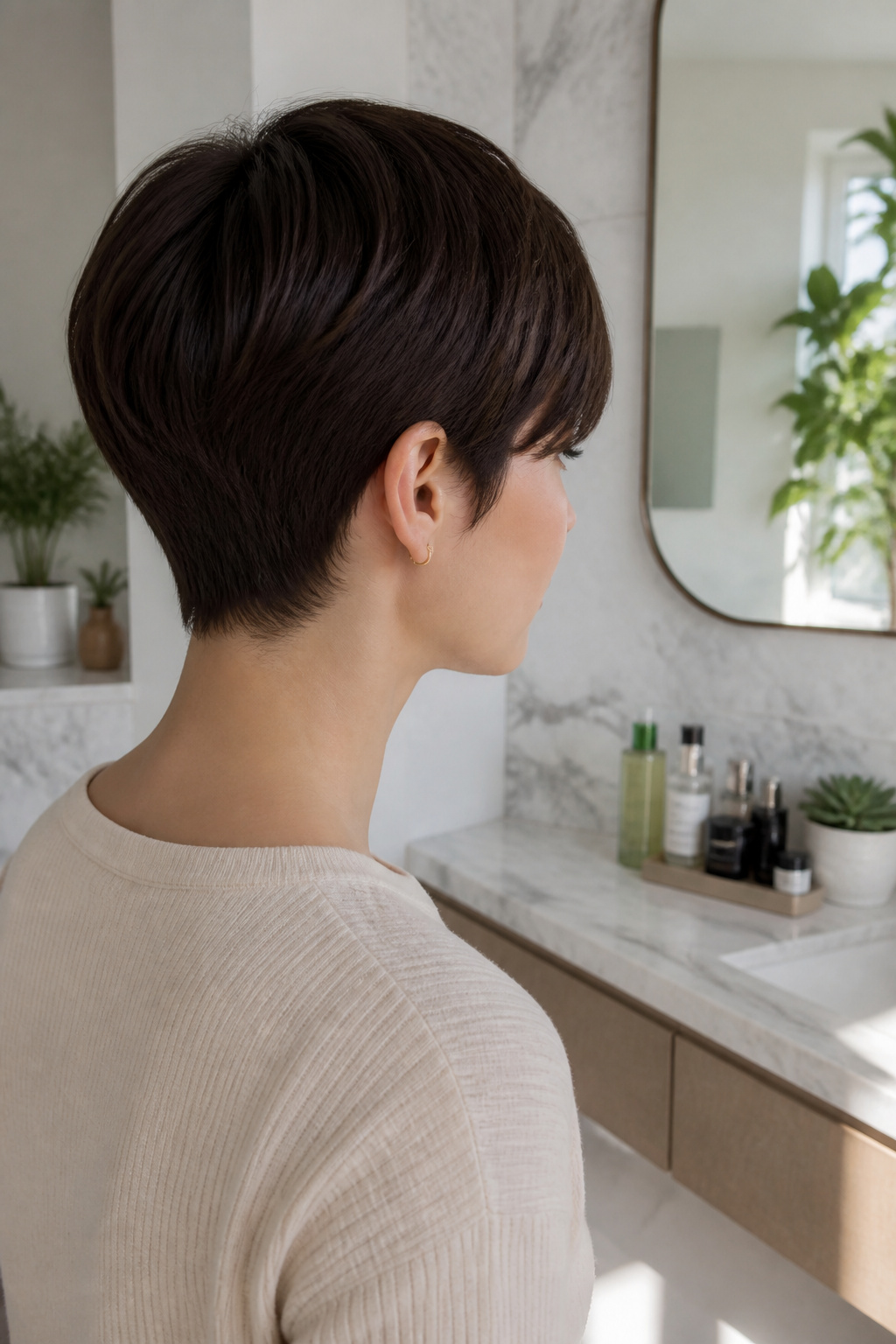 Model featuring a classic pixie cut with soft side bangs.
