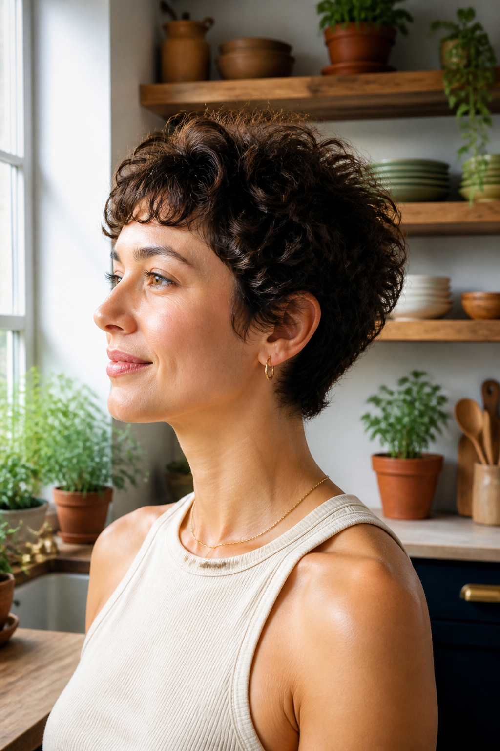 Model with a curly pixie haircut and short bangs.