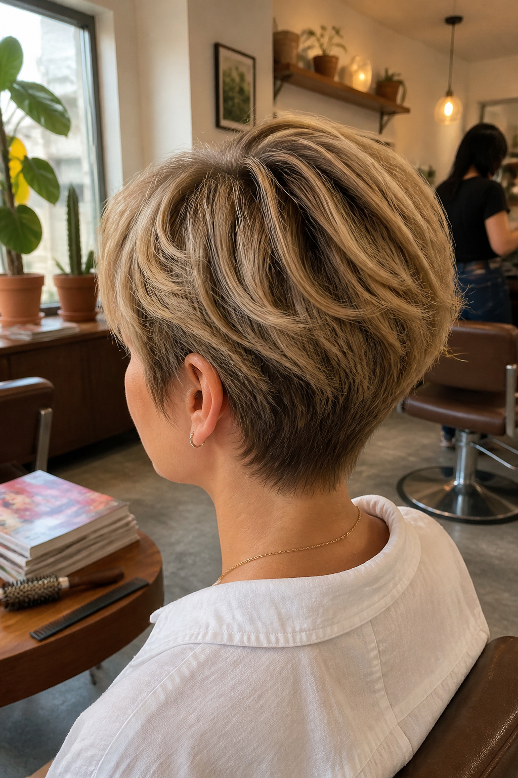 Model demonstrating a layered pixie cut with feathered bangs.