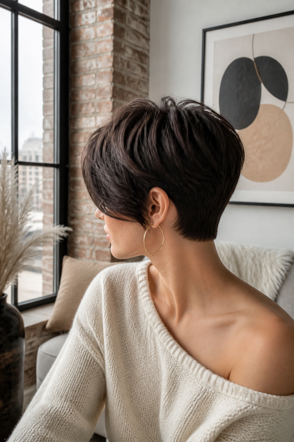 Model showing a long pixie haircut with side-swept bangs.