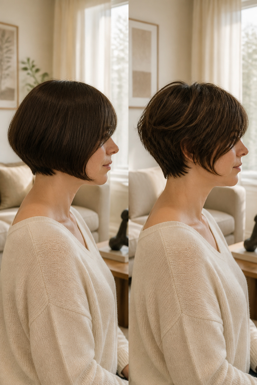 Model featuring a pixie bob with long bangs.