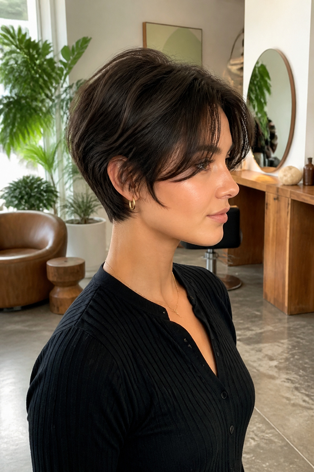 Model displaying a pixie cut with curtain bangs.