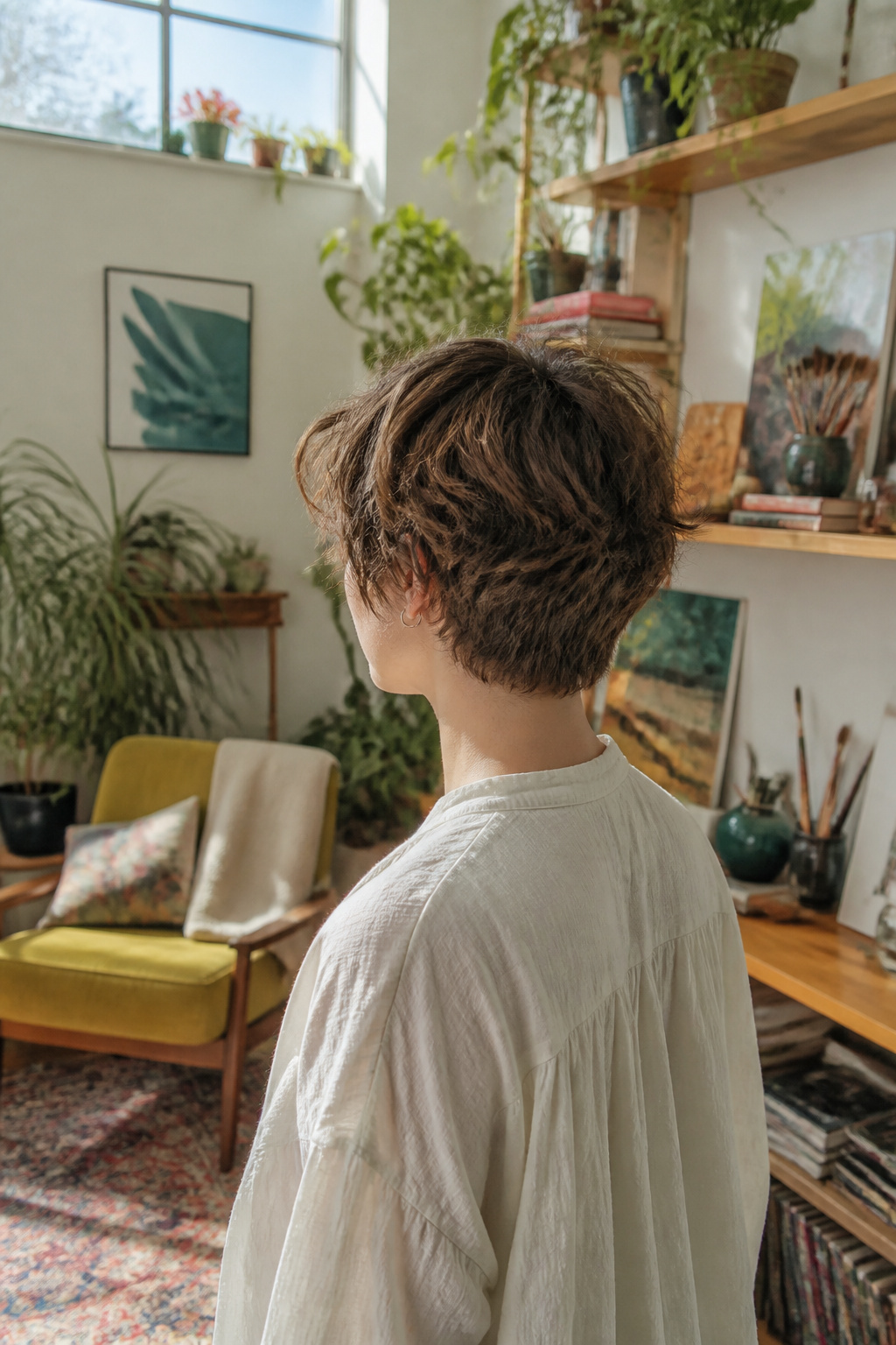 Model showing a shaggy pixie cut with messy bangs.