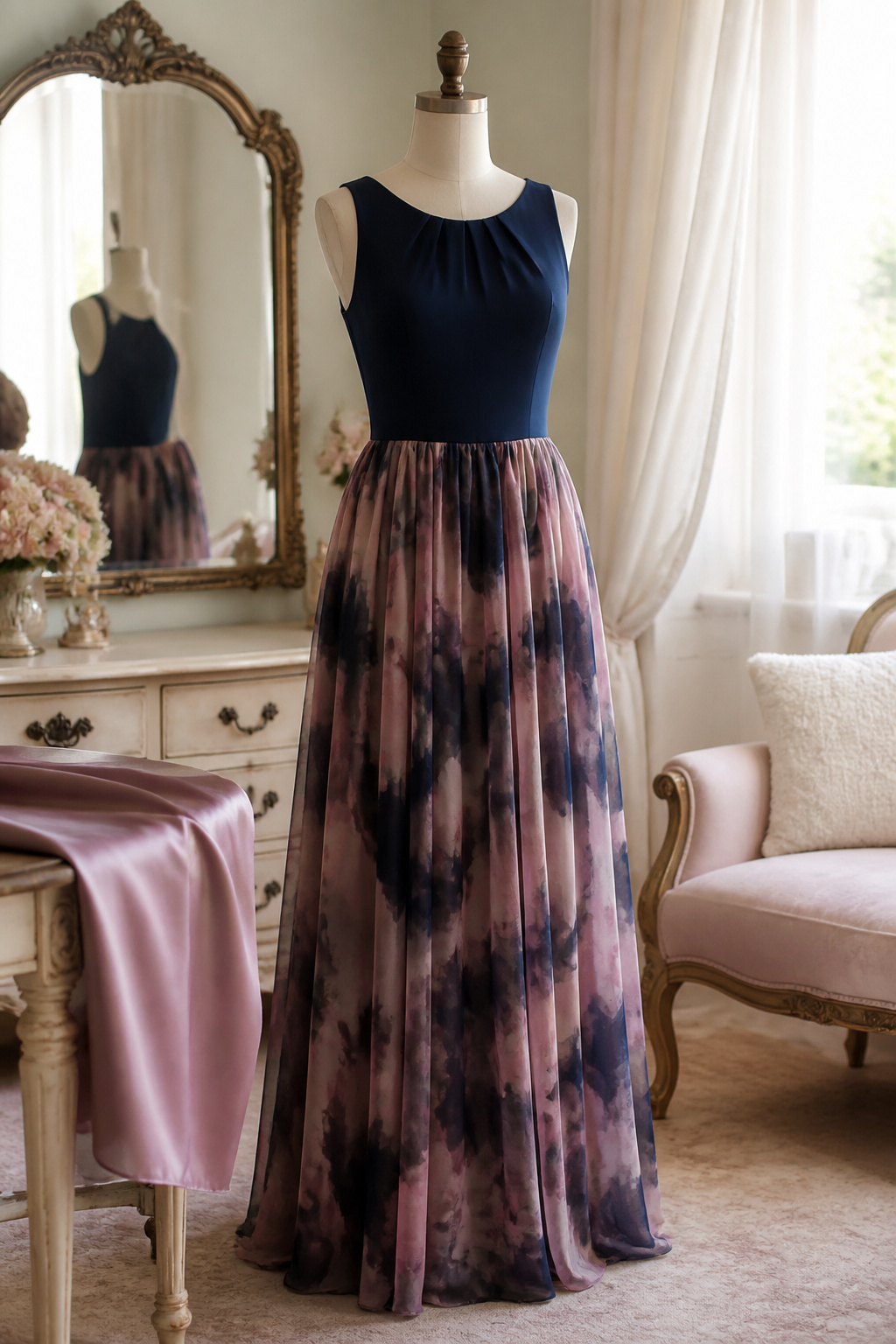 Chiffon maxi dress featuring a lined bodice and chiffon skirt.