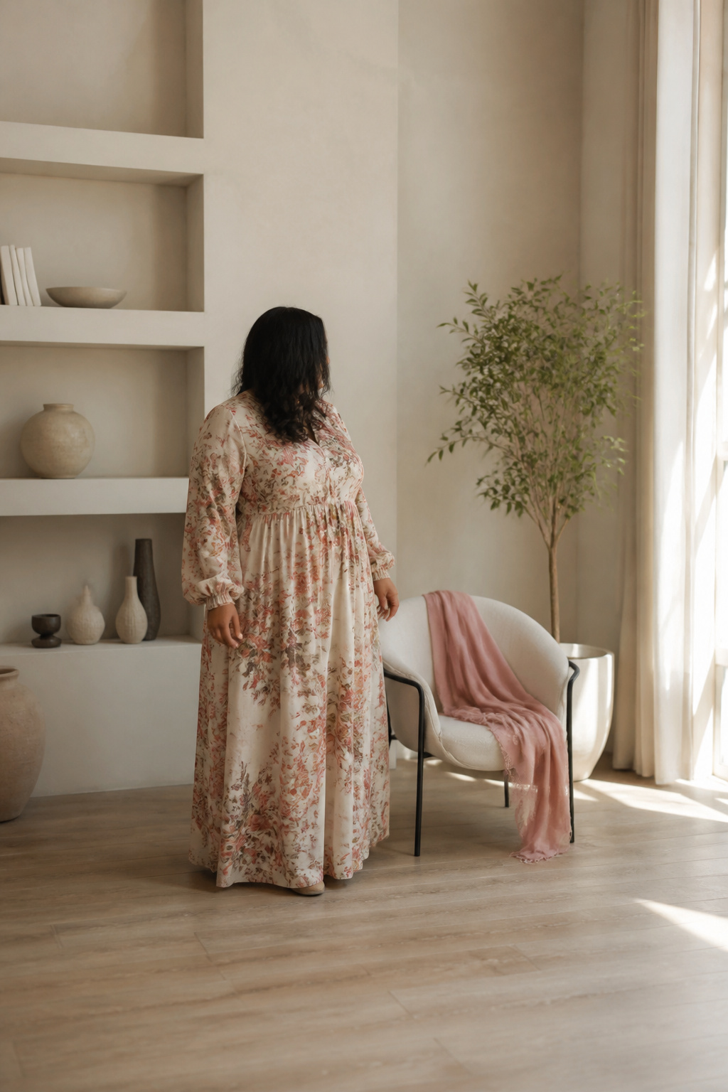 Long-sleeve maxi dress in lightweight fabric shown for transitional wear.