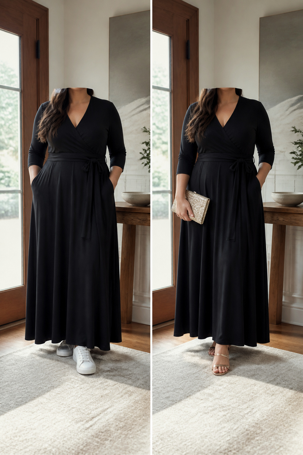 Maxi dress in different fabrics shown for versatility in occasions.