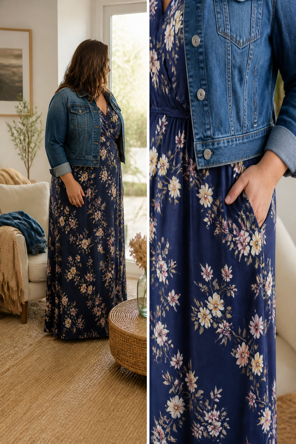 Maxi dress layered with different jacket styles for seasonal wear.
