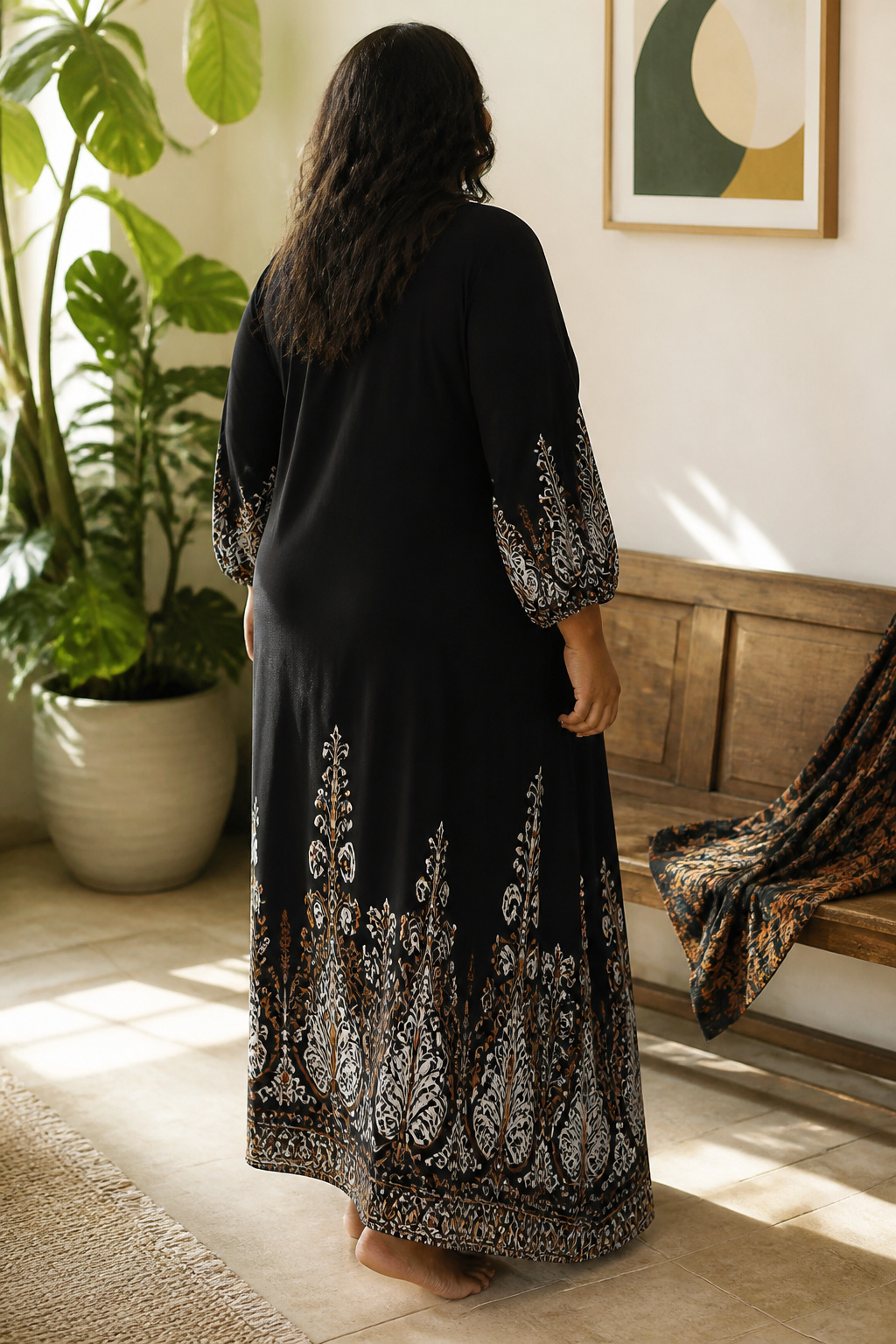 Serene Placement Sleeved Maxi Dress showcasing a low print design.