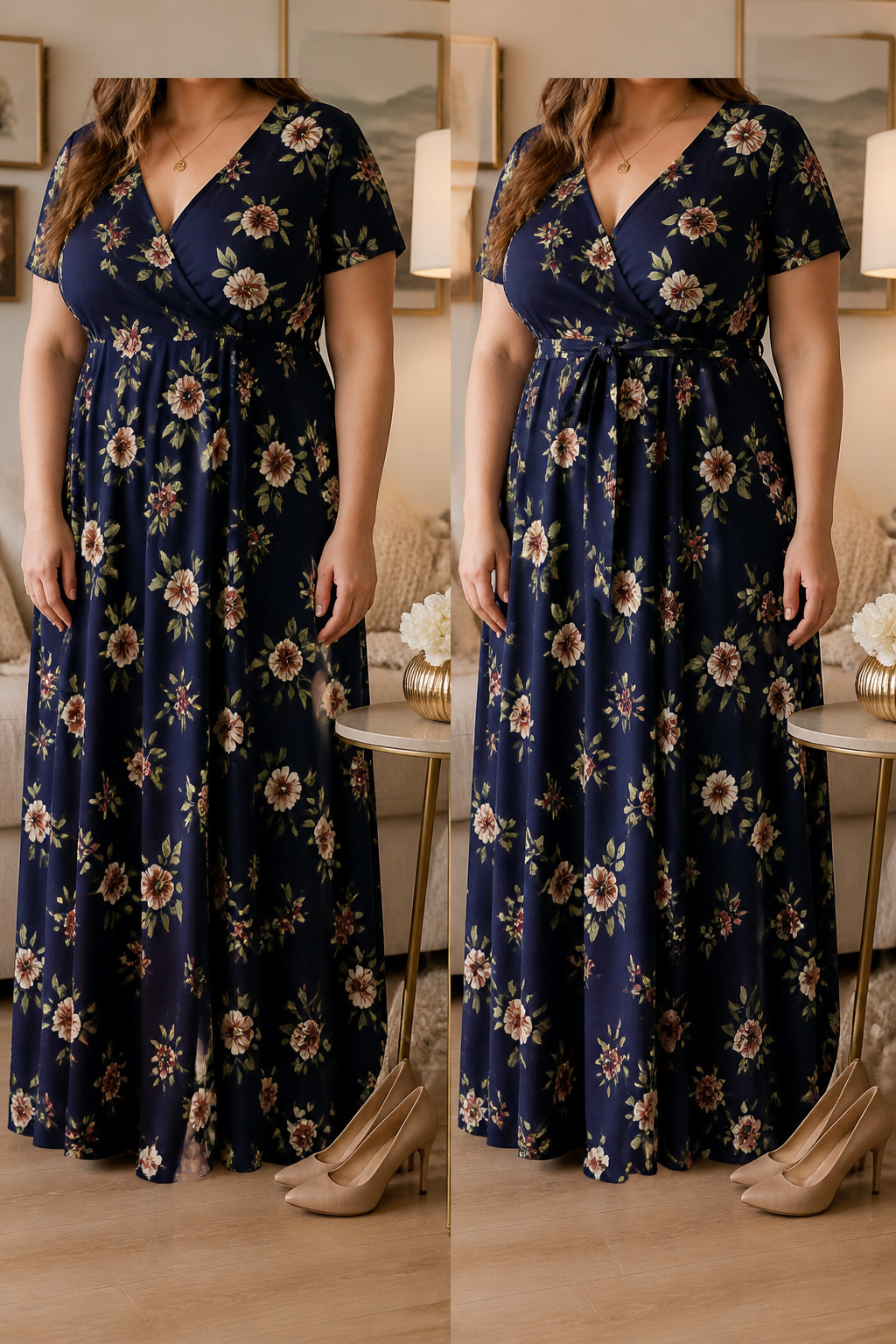 Faux wrap maxi dress displayed for casual wear.