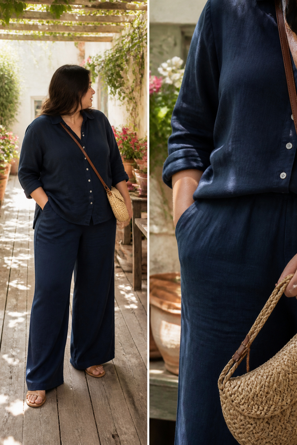A collection of linen separates styled together, including a top and pants.
