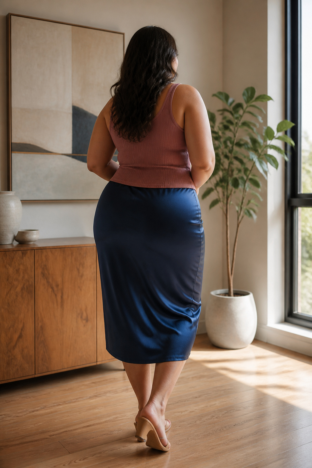 A fitted tank and column skirt styled together for a chic look.