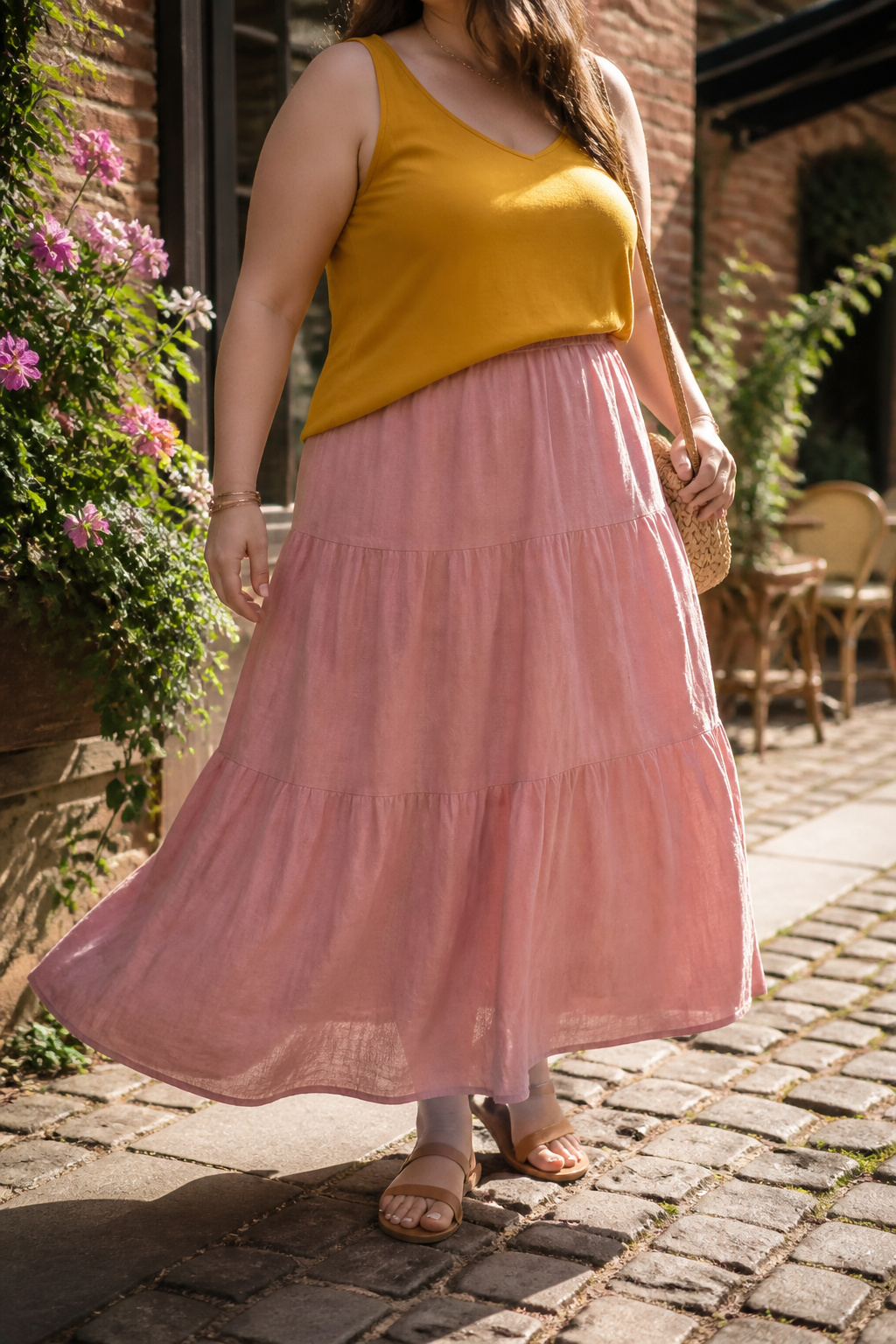 A tiered skirt paired with a mustard tank top in a relaxed setting.