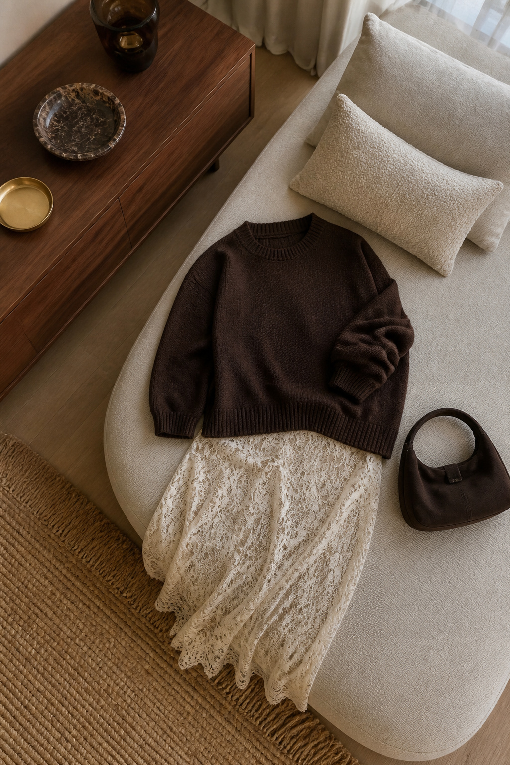 Oversized crewneck and suede jacket arranged on a table.
