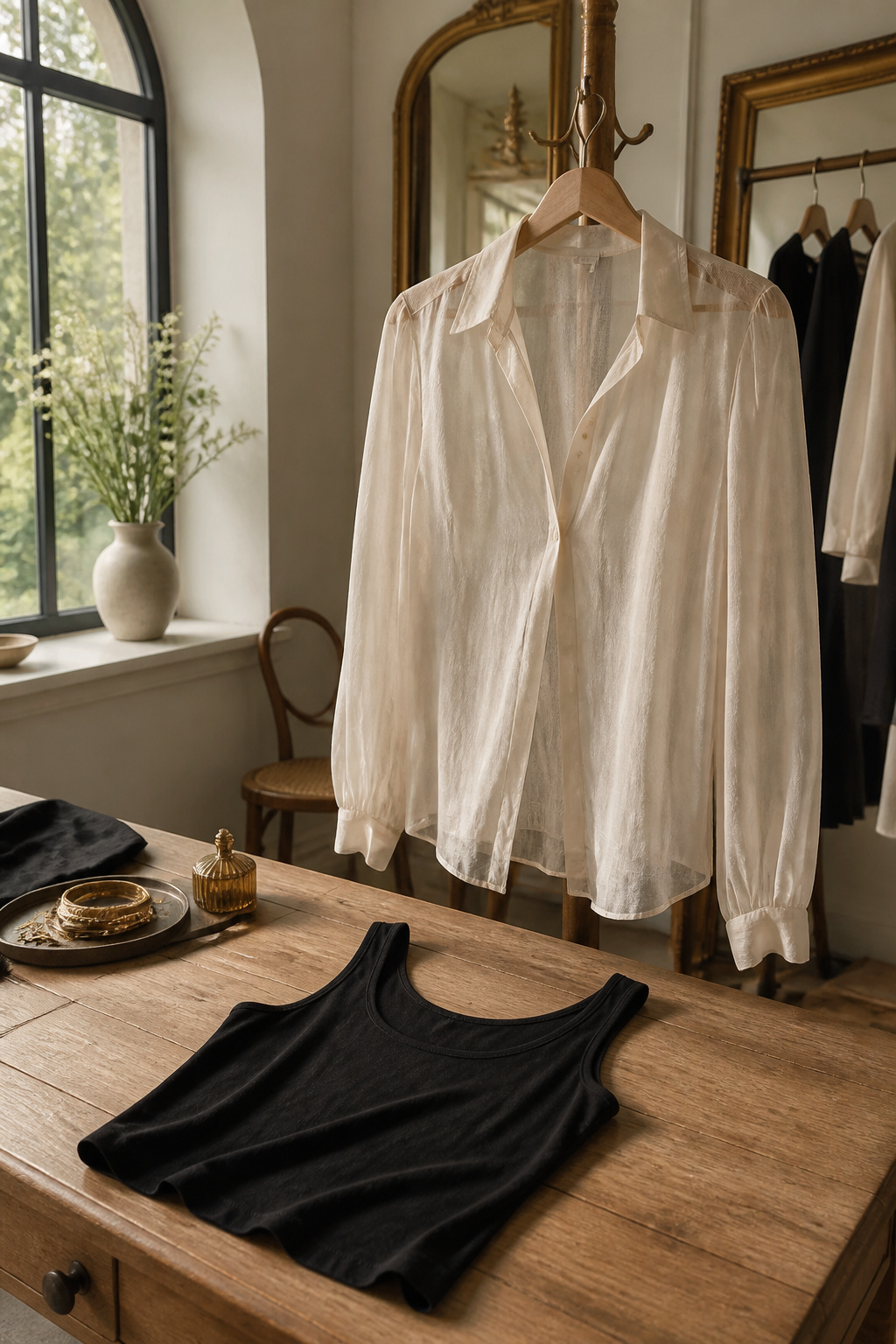 A delicate sheer blouse displayed with a black tank top.