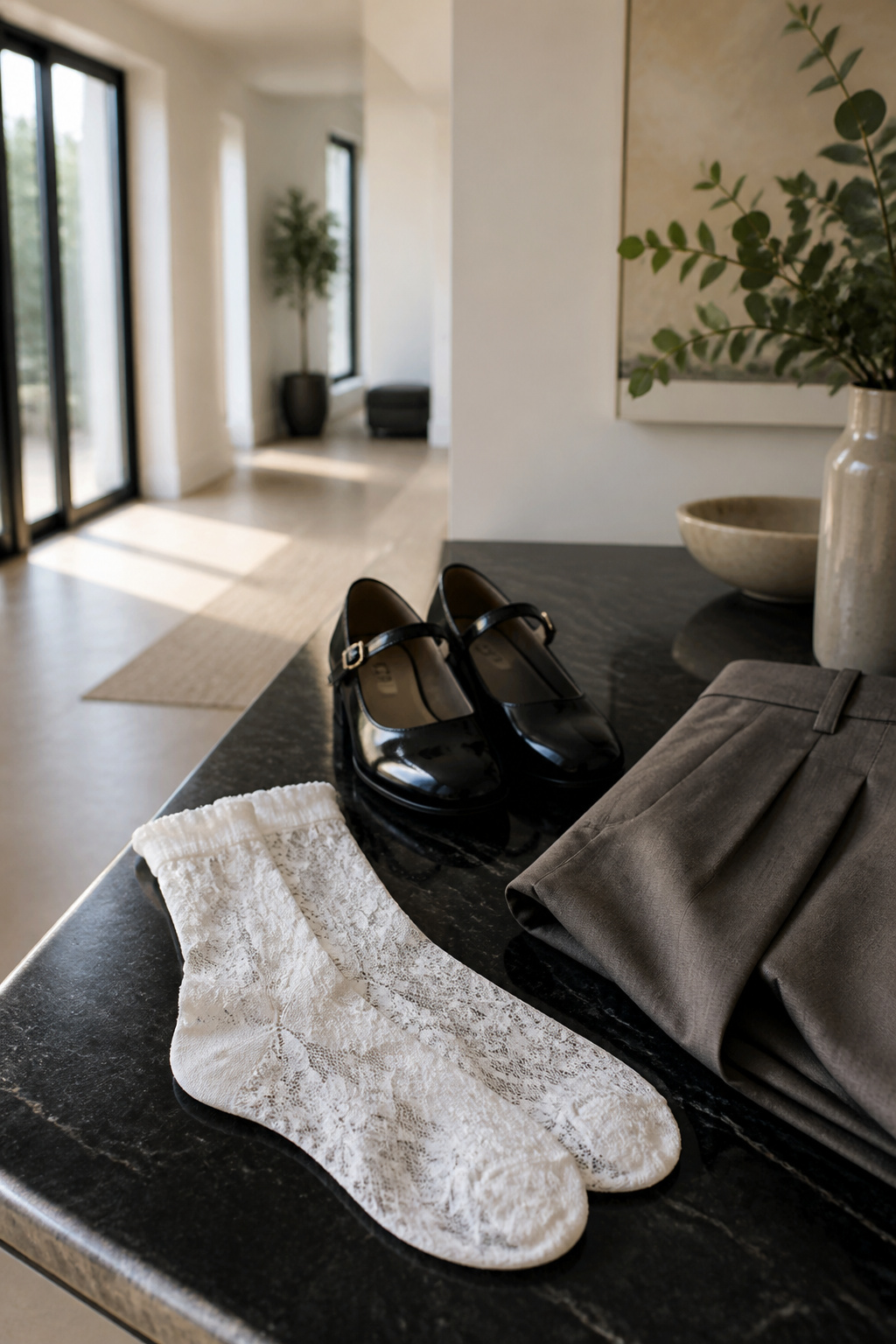 Delicate lace socks displayed with Mary Janes and trousers.