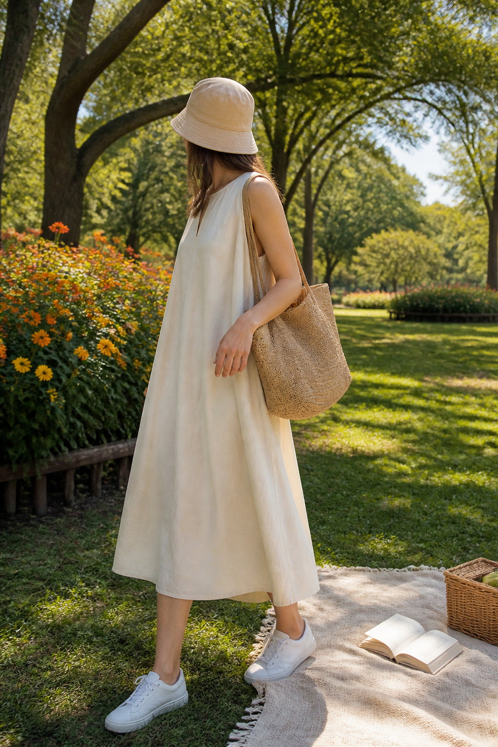 A cotton tent dress with white sneakers in a park setting.