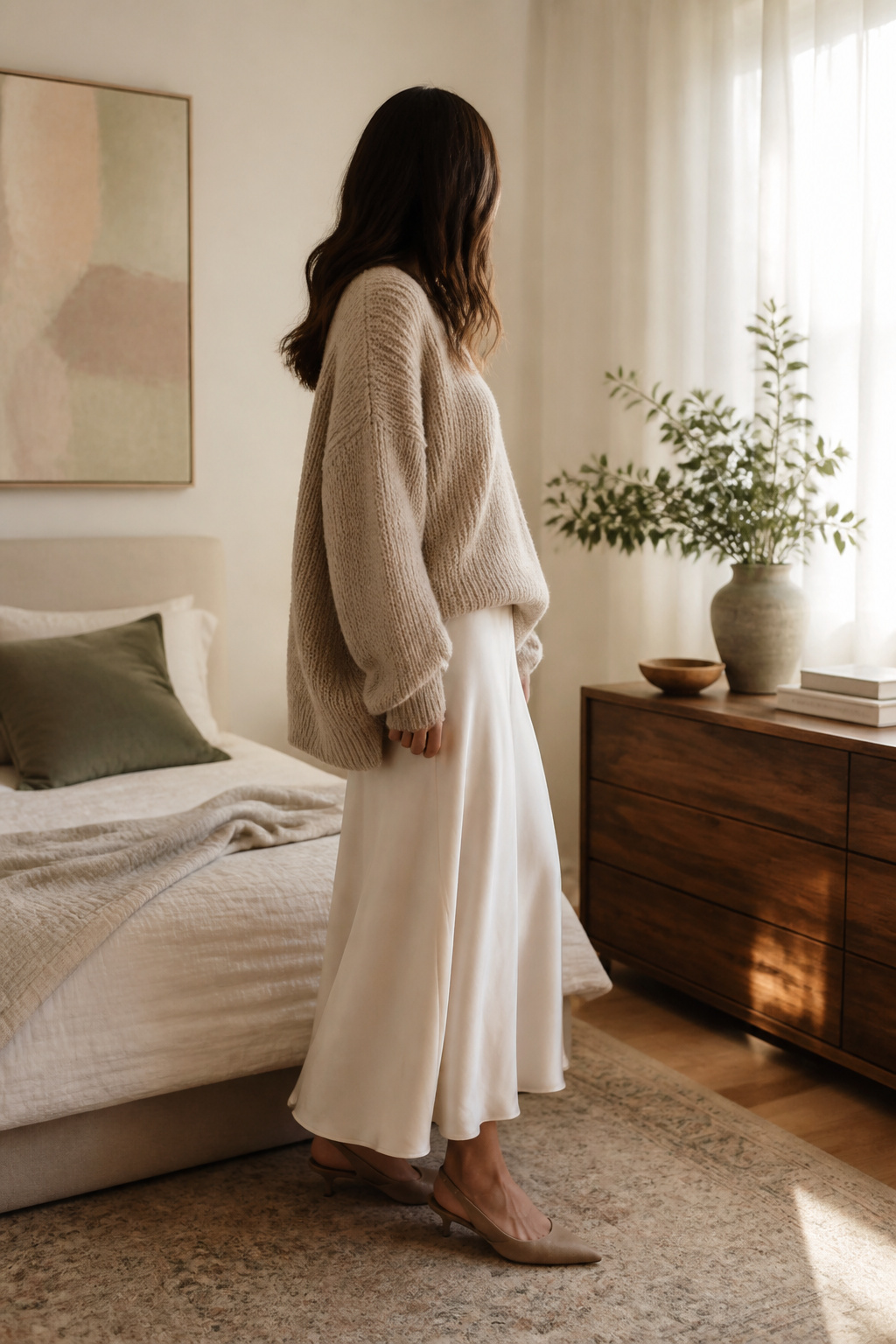 An oversized knitted sweater over a midi skirt.