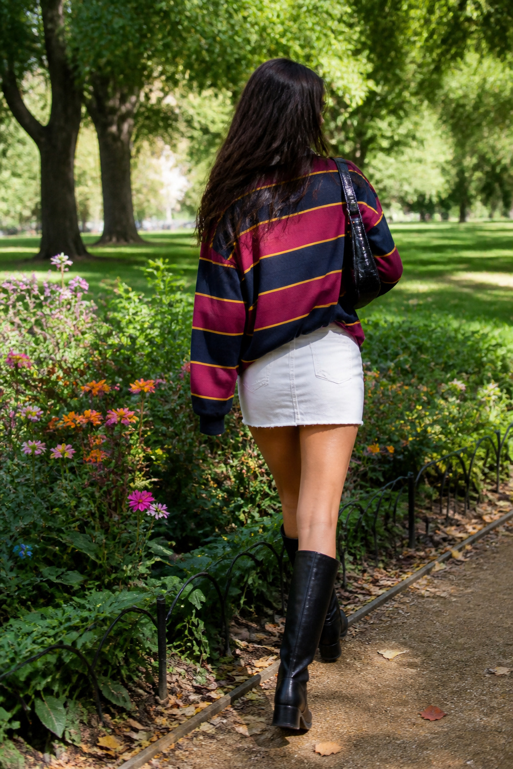 A striped rugby shirt over a micro-mini skirt.