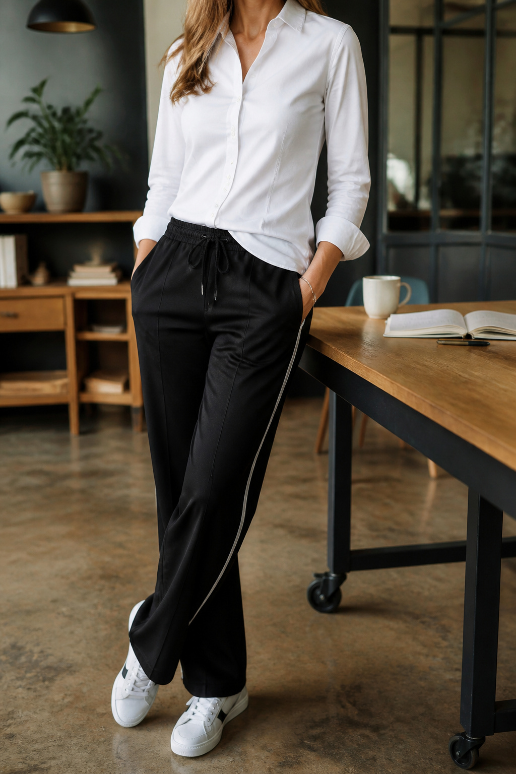 A white button-down shirt with black track pants.