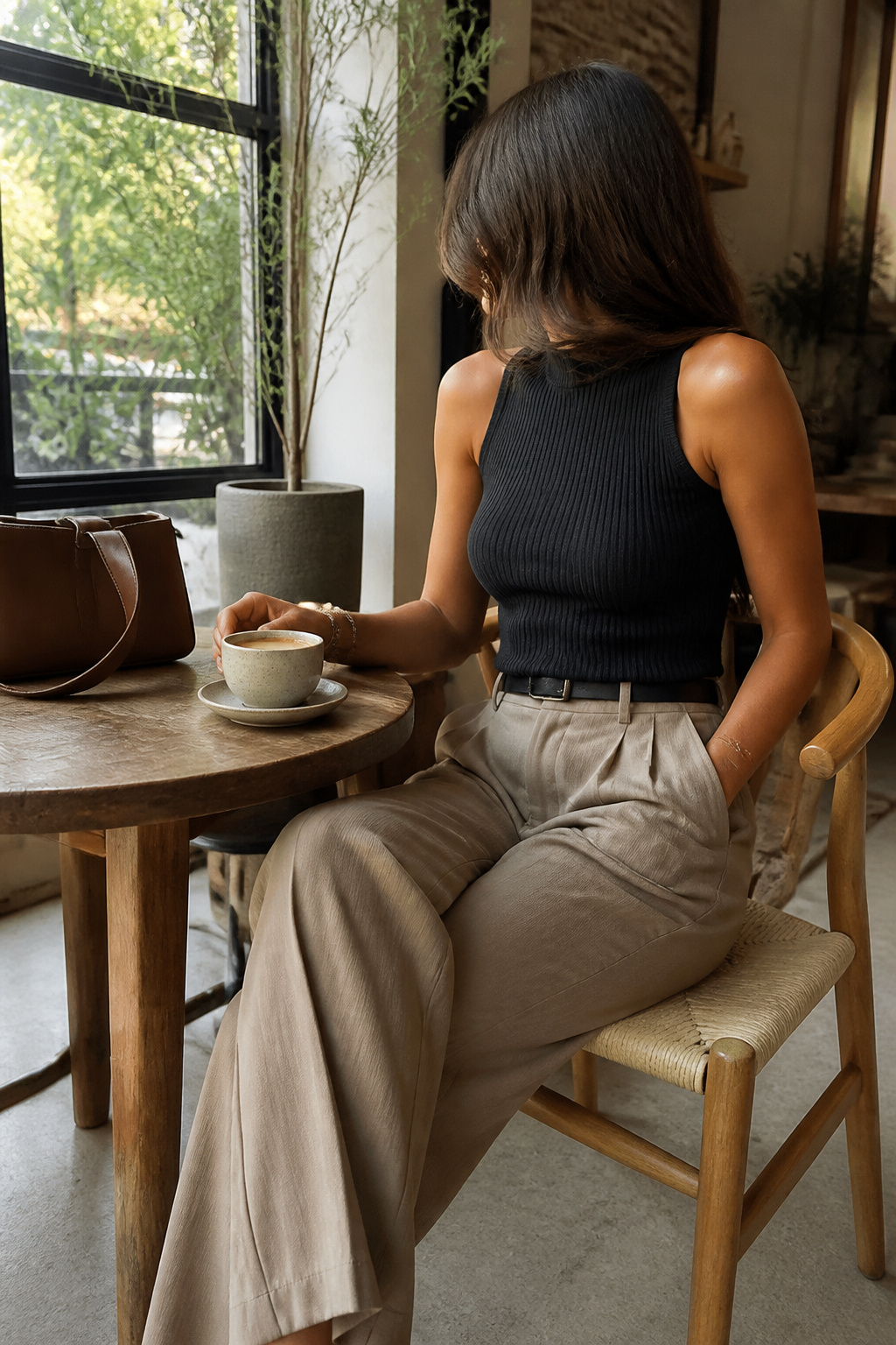A fitted mock-neck tank with wide-leg trousers.
