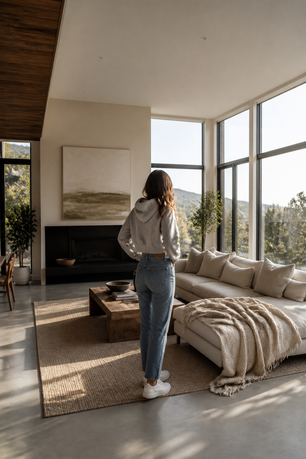 A cropped hoodie over high-waisted jeans.