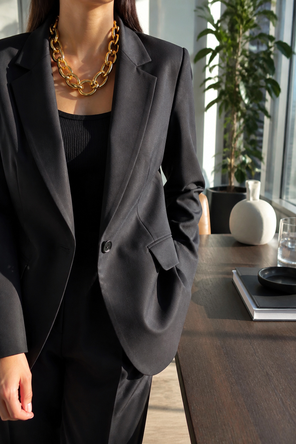 A blazer with a chunky gold necklace.