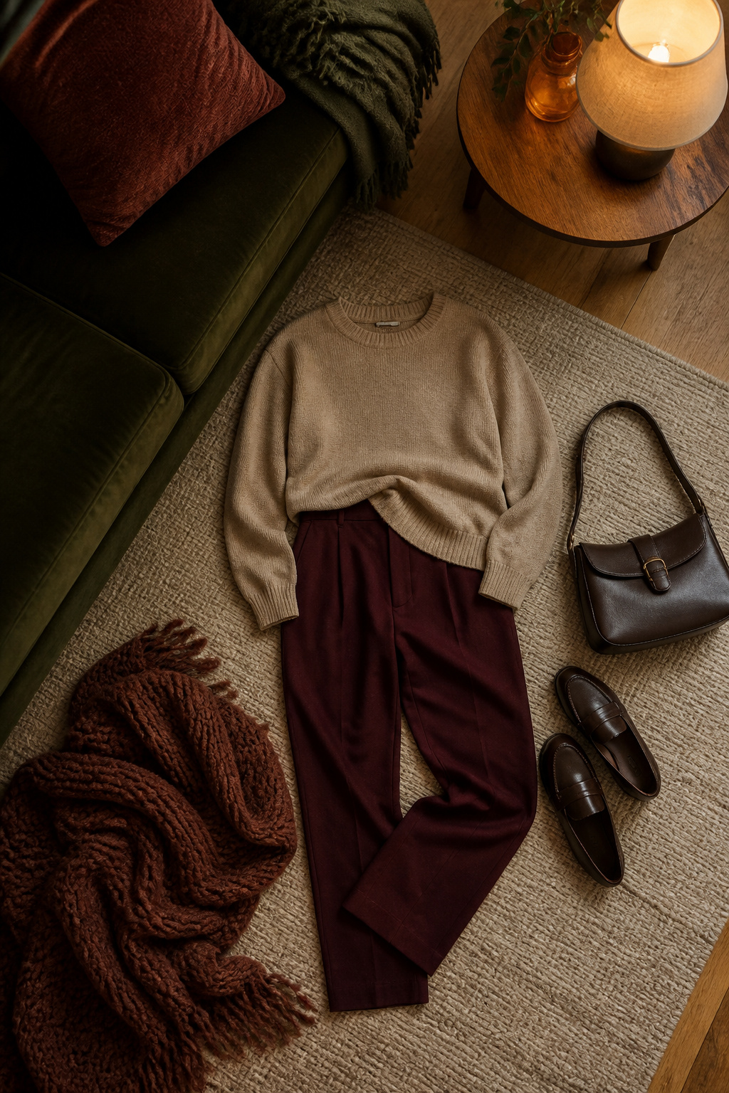 Outfits in autumn colors, including browns and burgundy.