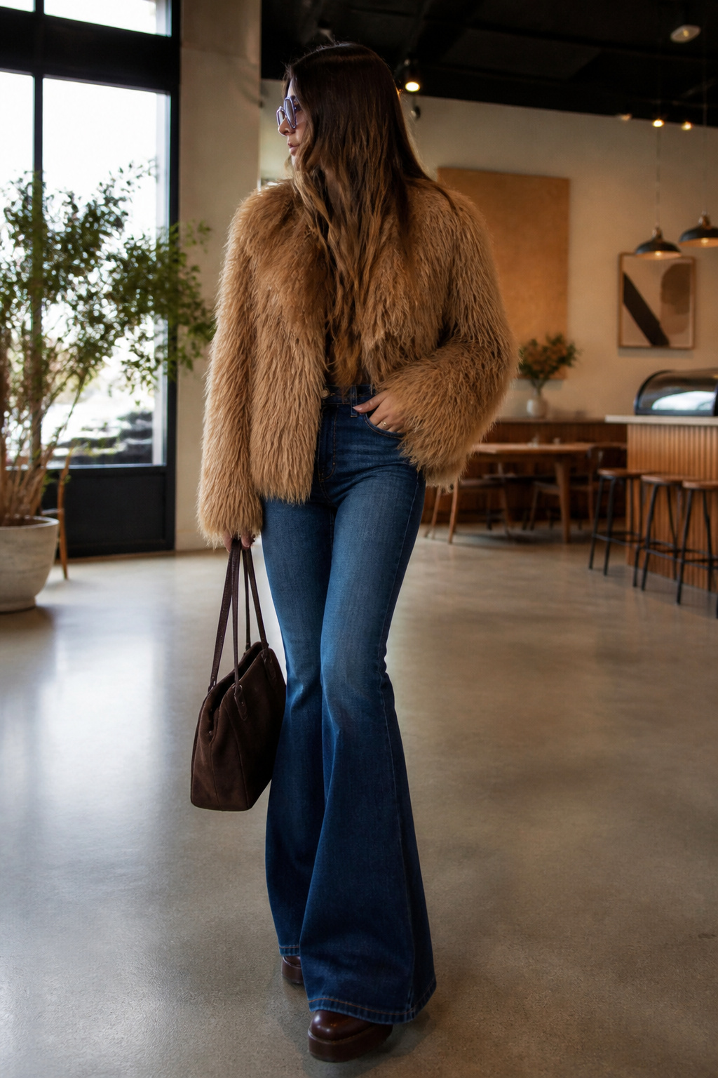 Model wearing a shaggy faux fur coat with flared jeans and platform boots.