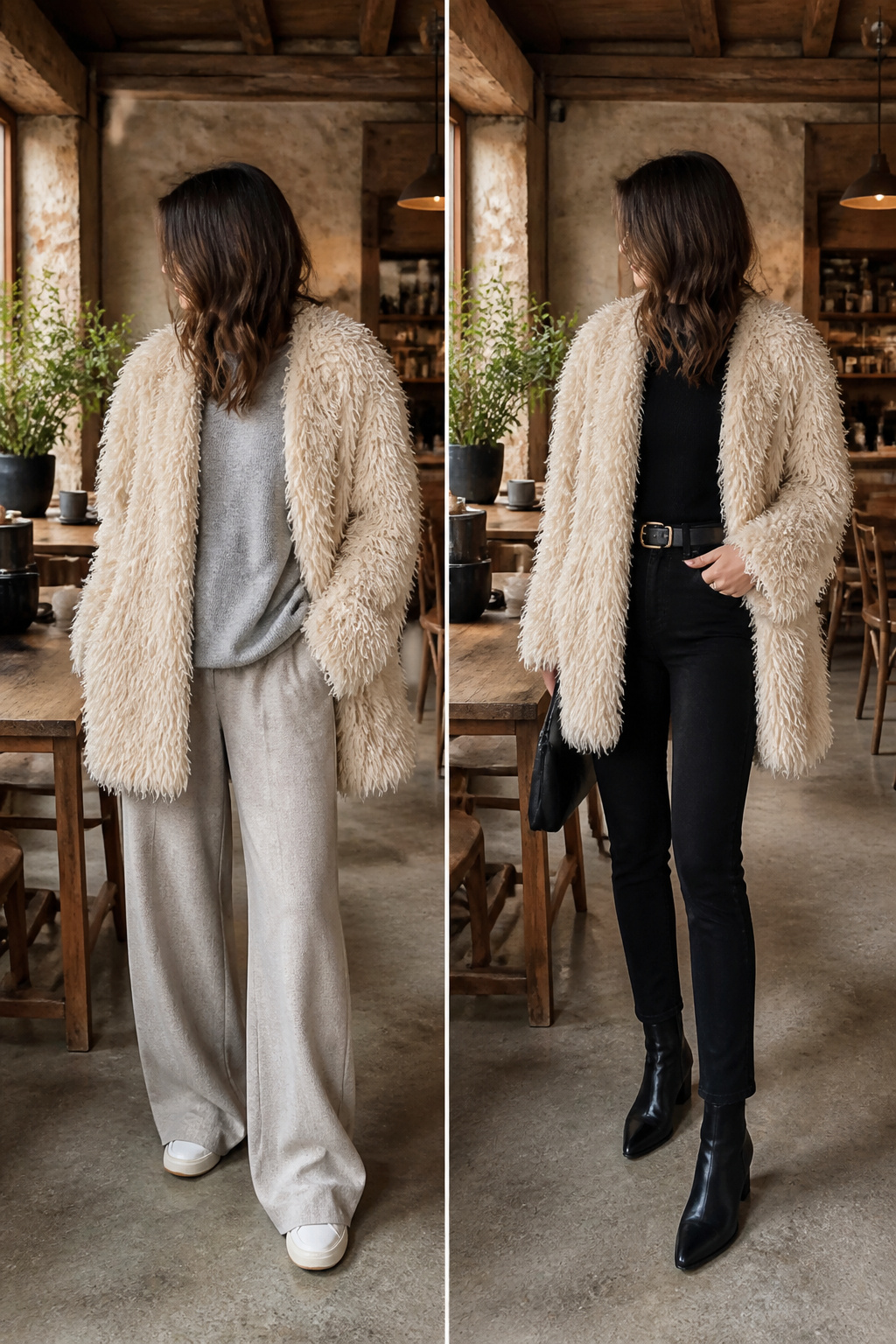 Model demonstrating proportion balance with a shaggy jacket.