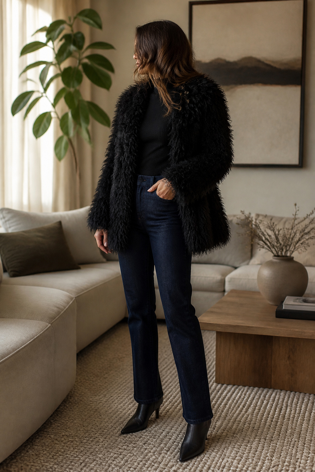 Model in a black turtleneck, shaggy coat, and straight jeans.