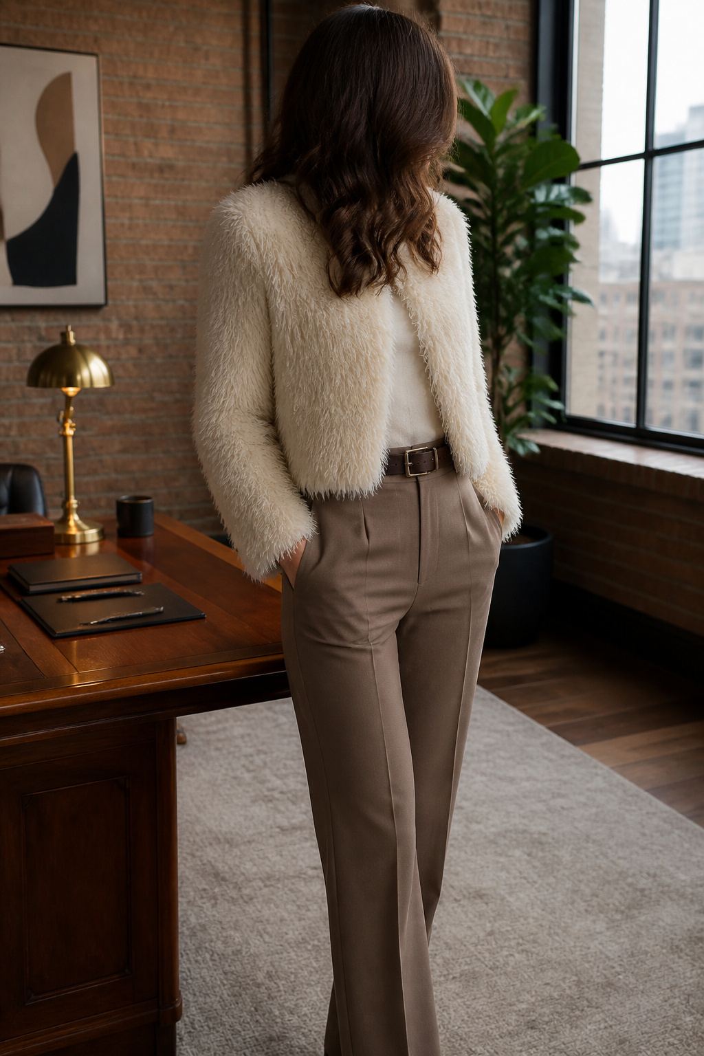 Model in a cream shaggy jacket and high-waisted trousers.