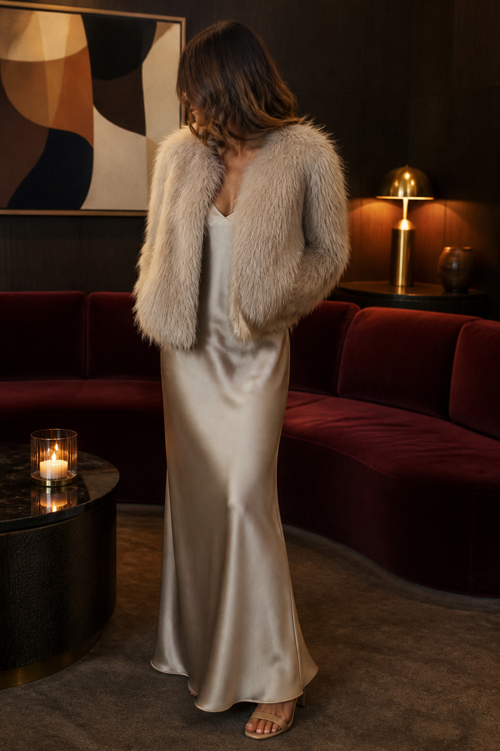 Model in a slip dress with a shaggy jacket.
