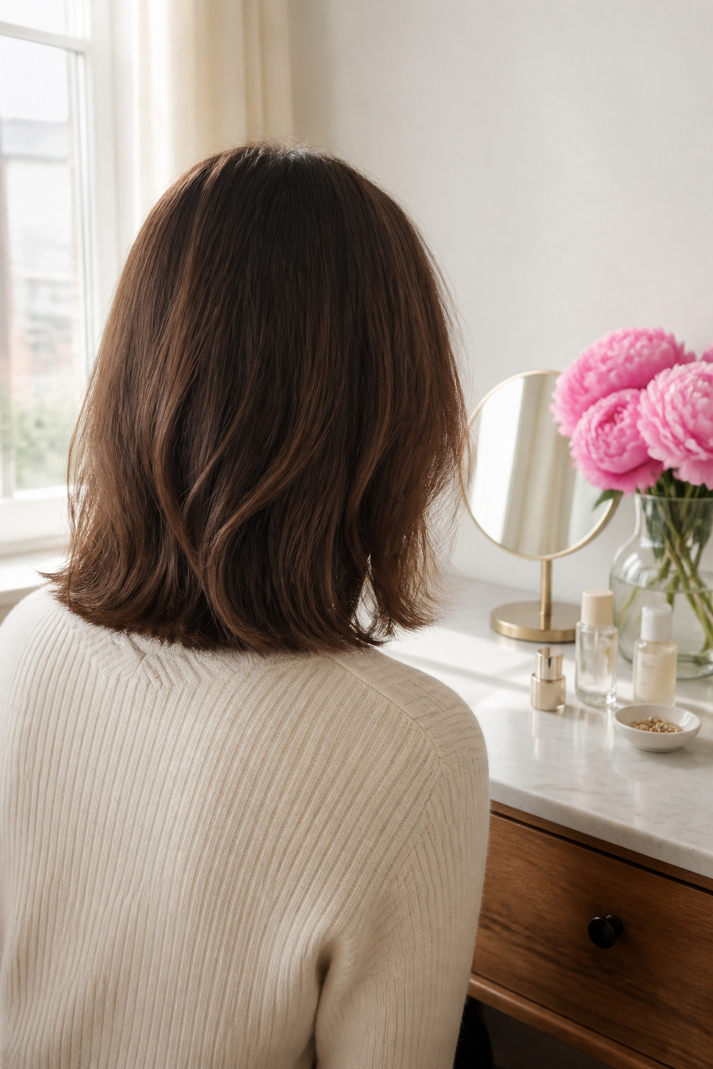 Collarbone-length lob haircut with a sleek, defined silhouette.